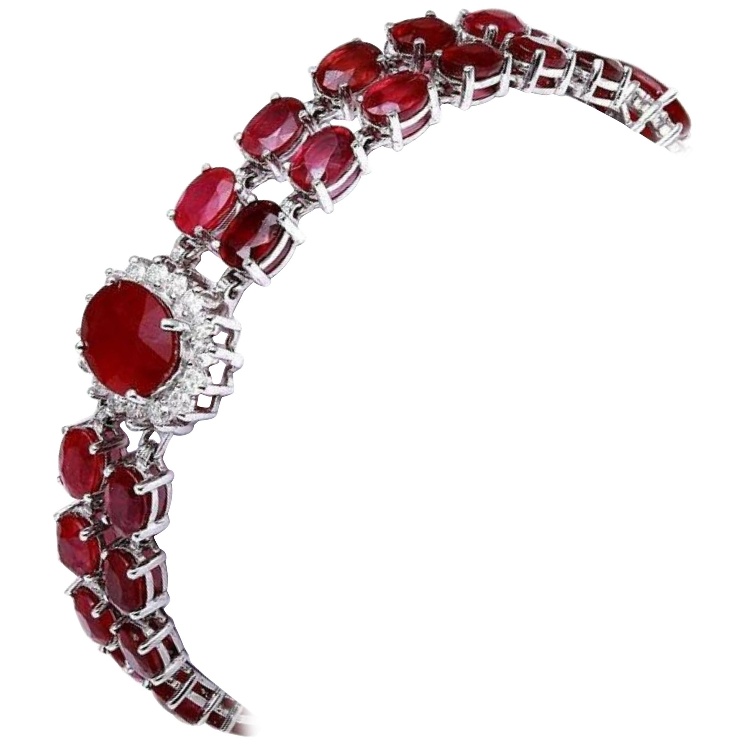 Very Impressive 23.30 Ct Natural Red Ruby &Diamond 14K Solid White Gold Bracelet