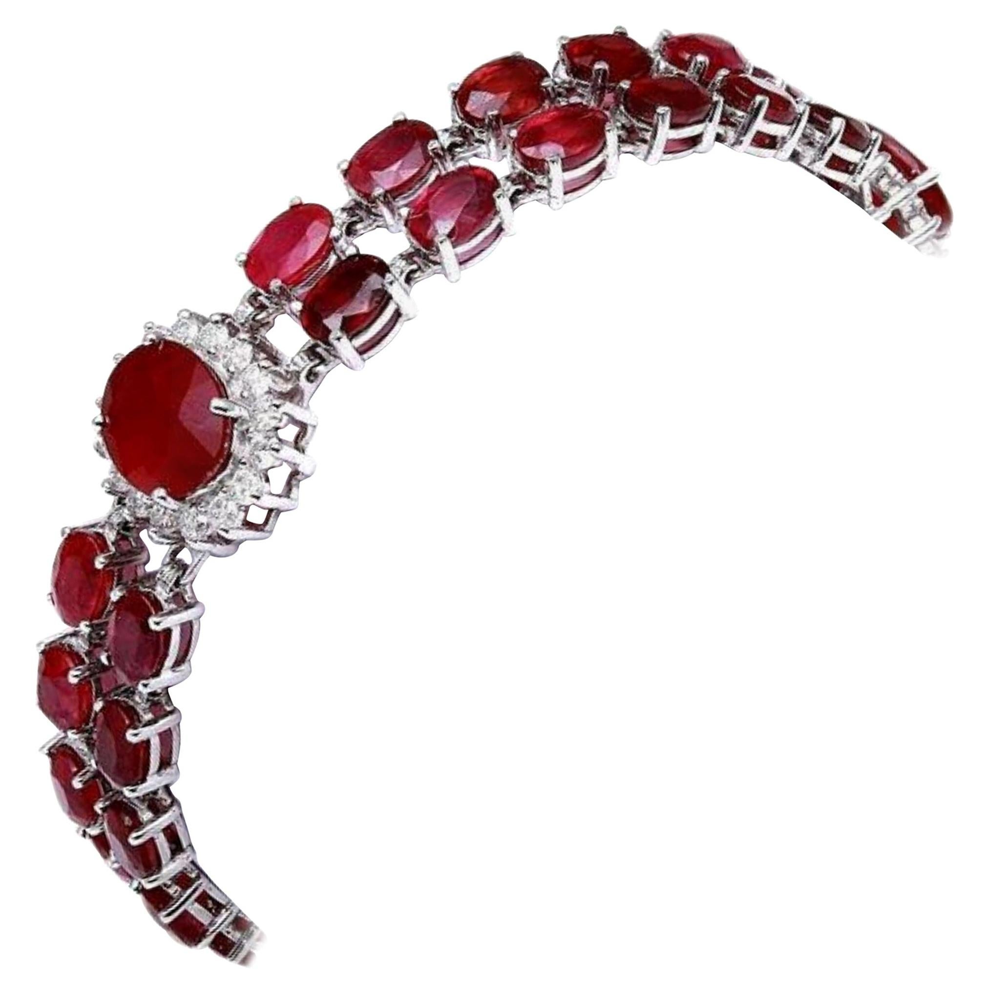 Bracelet très impressionnant en or blanc massif 14 carats avec rubis rouge naturel 23,30 carats et diamants