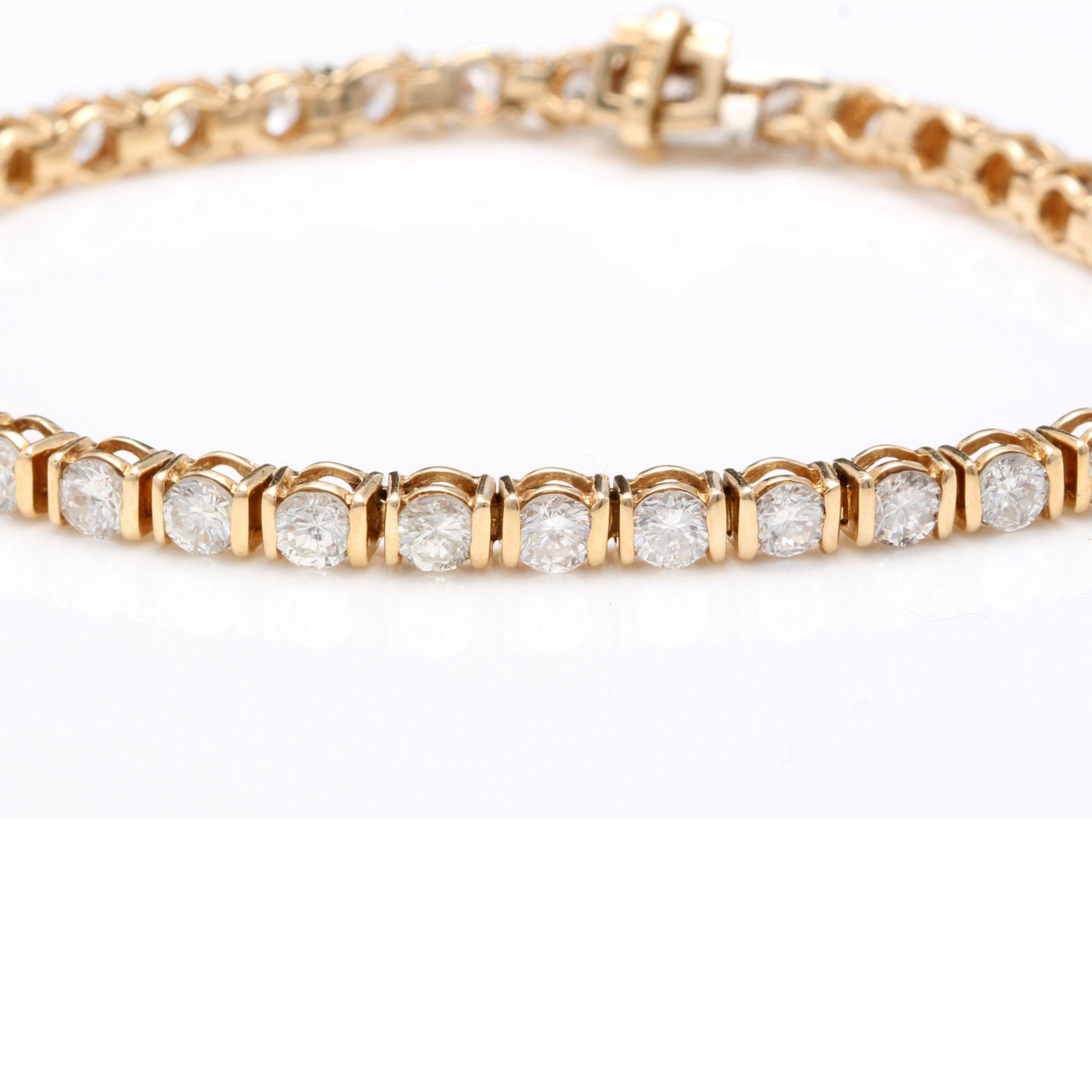 Very Impressive 5.70 Carats Natural Diamond 14K Solid Yellow Gold Bracelet

STAMPED: 14K

Total Natural Round Diamonds Weight: 5.70 Carats (color G-H / Clarity SI1-SI2)

Bracelet Length is: 7 inches

Width: 3.6mm

Bracelet total weight: