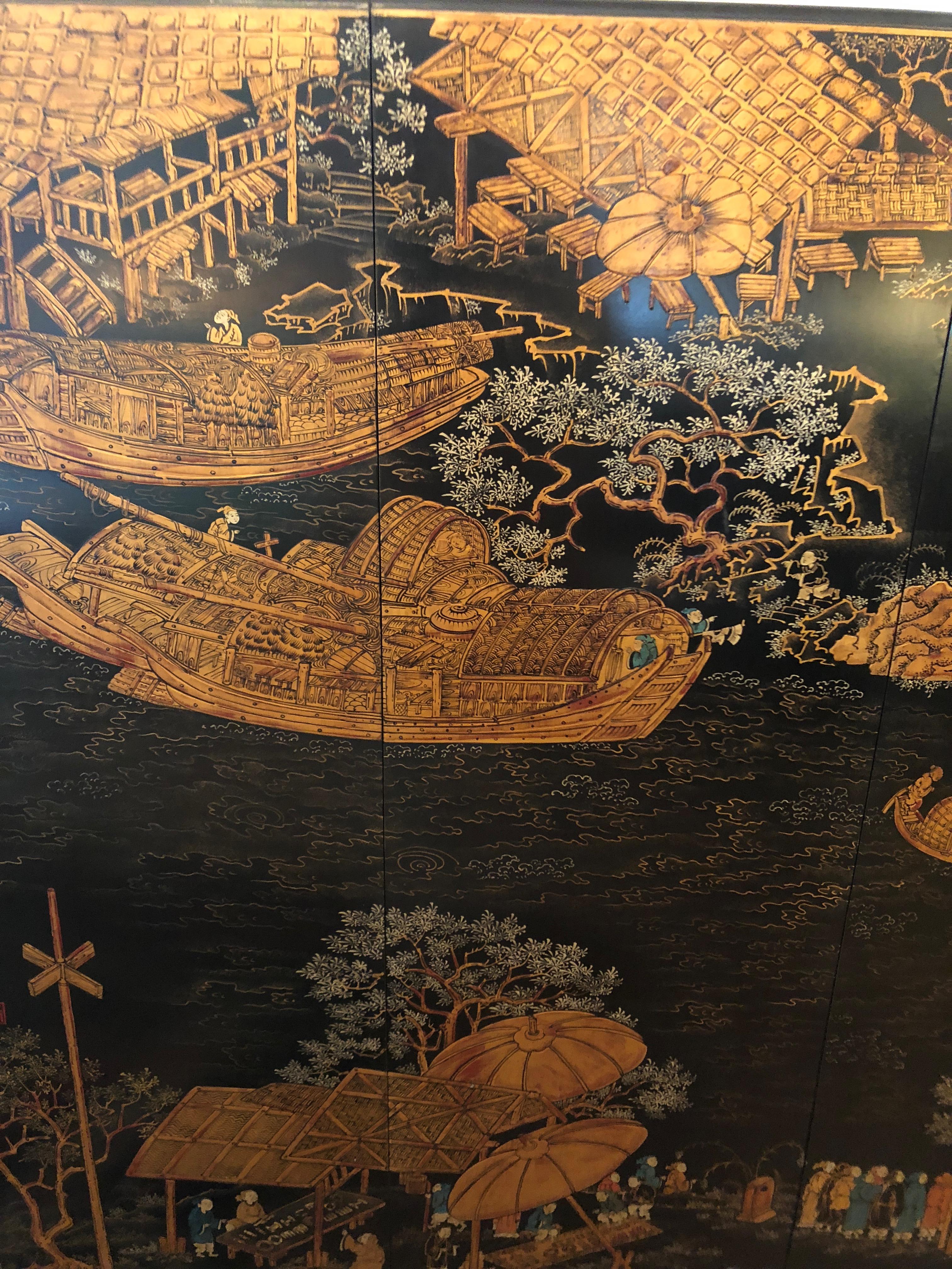 A meticulously detailed Asian work of art constructed from 6 panels that have been assembled together to create a monumental and impressive piece. The renderings include many Chinese figures at work on land and sea, boats, farm machinery and Chinese