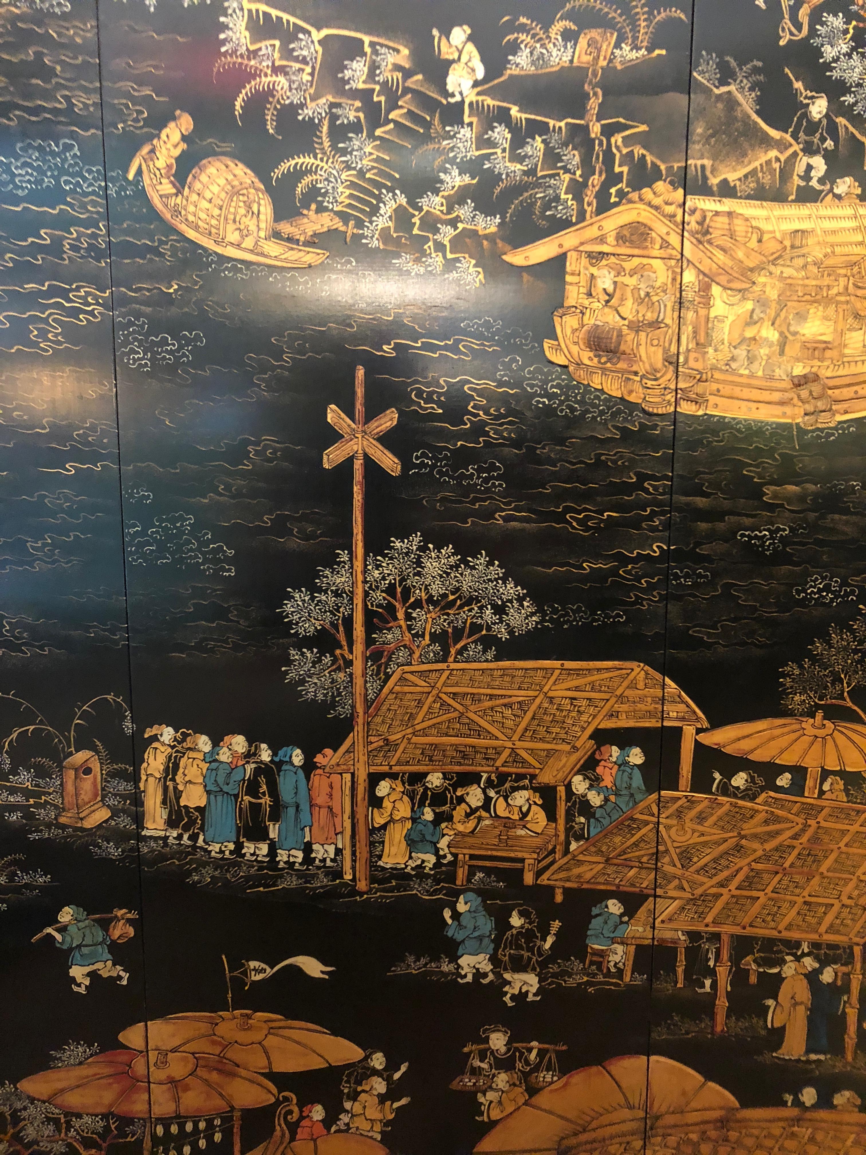 Chinese Export Very Impressive and Large Black and Gold Asian Painting