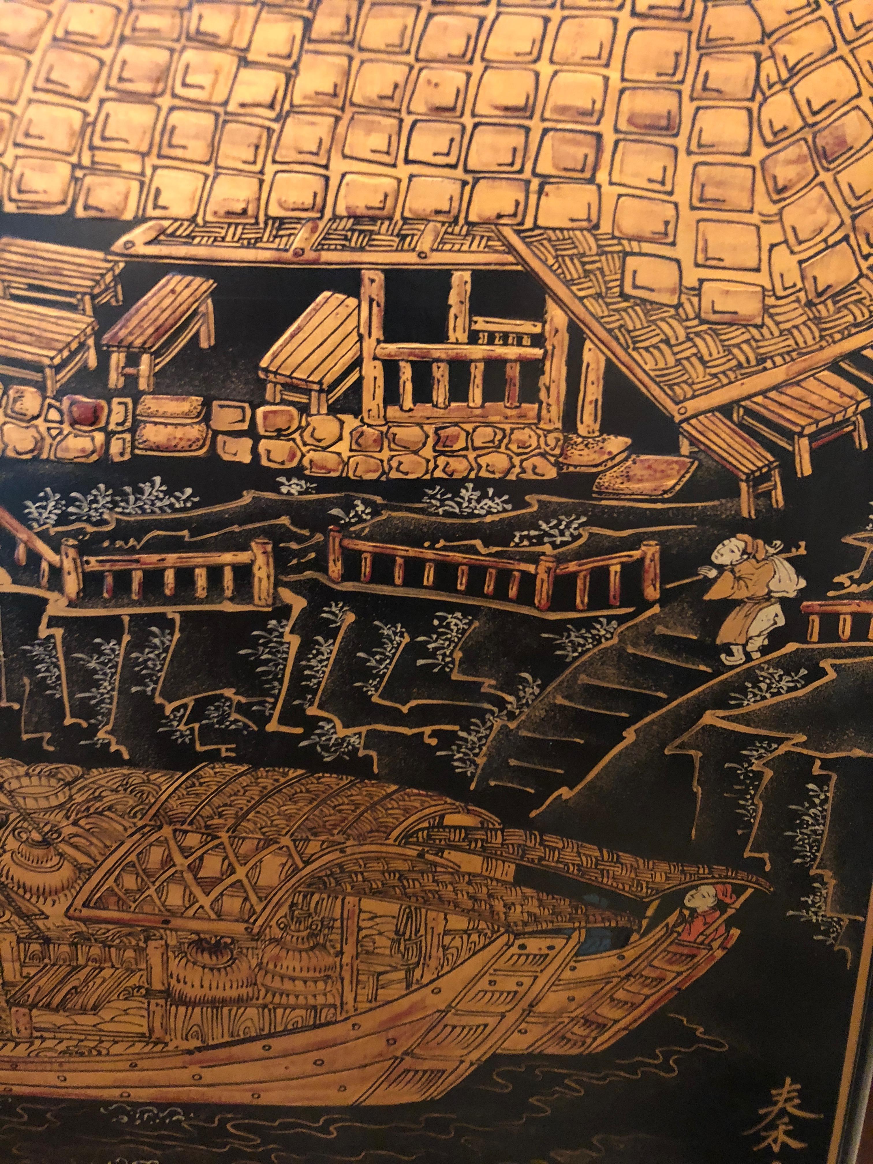 Wood Very Impressive and Large Black and Gold Asian Painting
