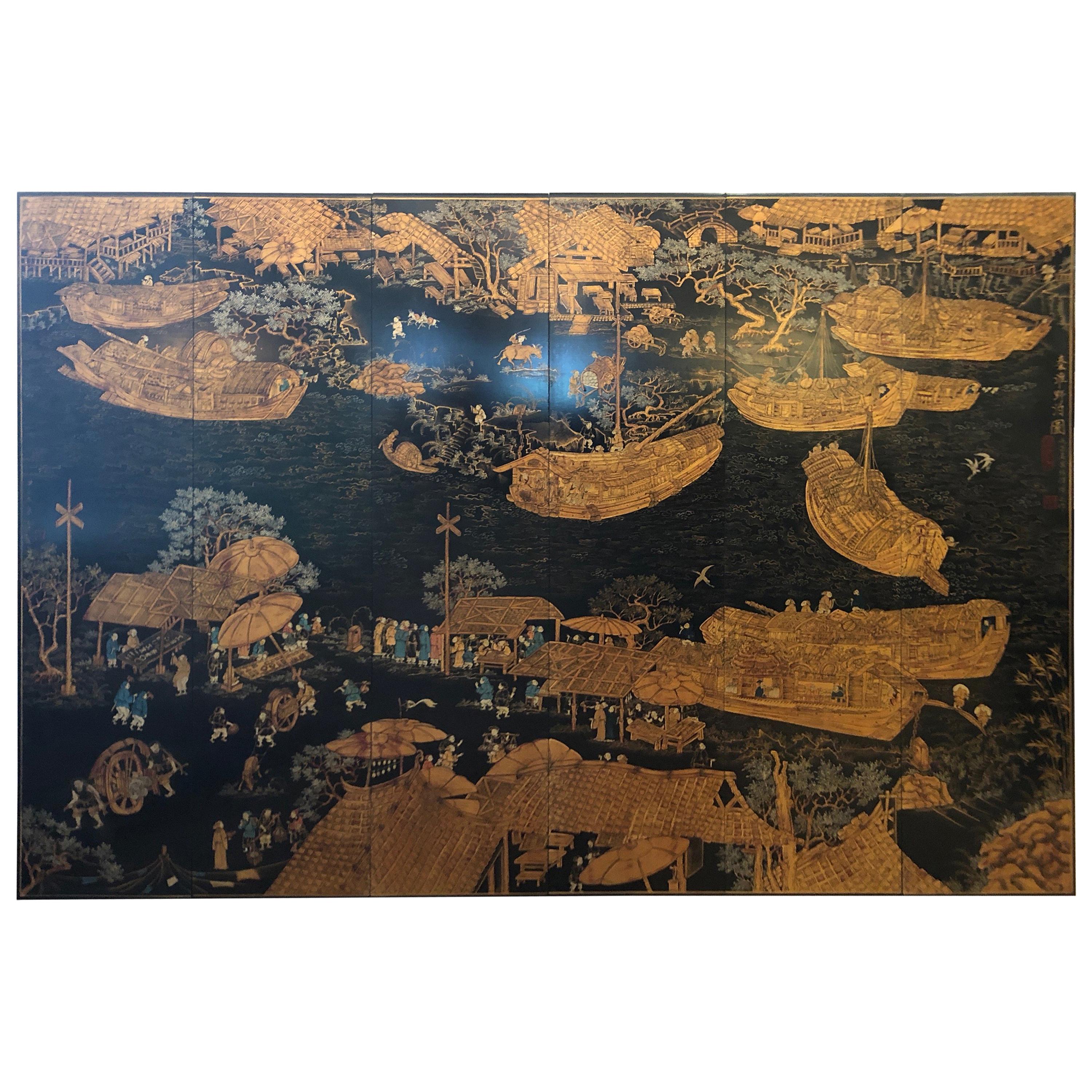 Very Impressive and Large Black and Gold Asian Painting