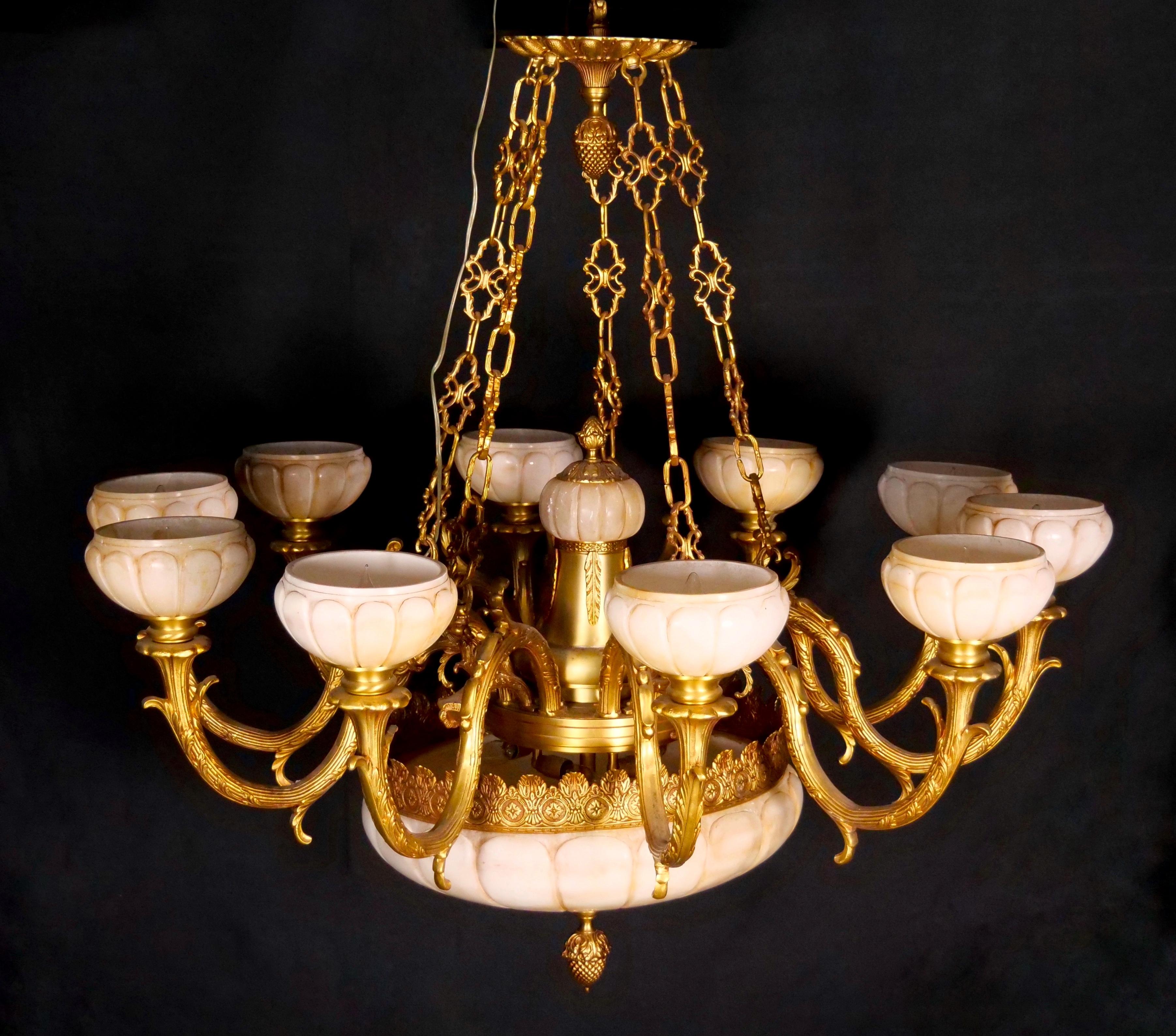 Enhance the grandeur of your space with this Palatial Italian Neoclassical Style Gilt Bronze Chandelier, a masterpiece of opulence and design. This chandelier is not just a lighting fixture; it is a work of art that captures the essence of Italian