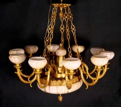 Very Impressive Gilt Bronze Mounted Glass Alabaster Shades Ten Light Chandelier