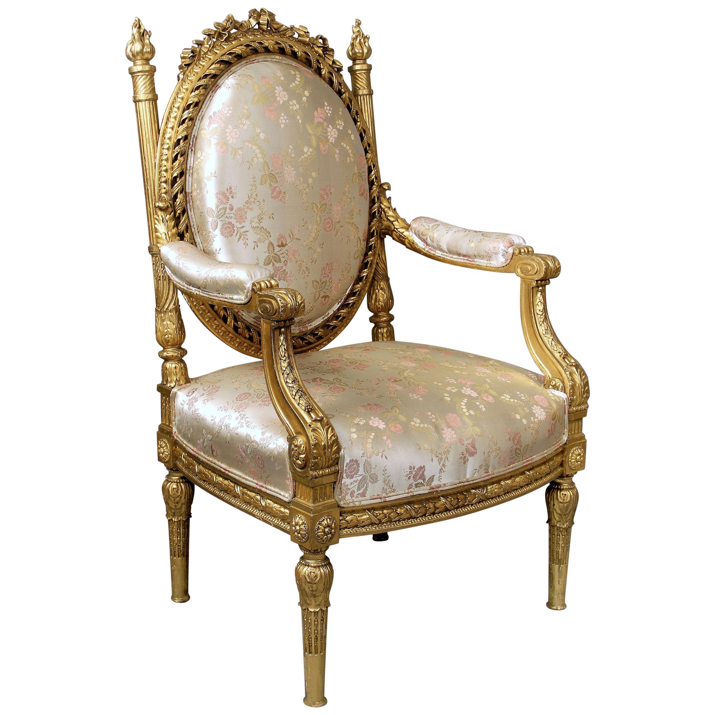 Very Impressive Late 19th Century Louis XVI Style Giltwood Throne Chair