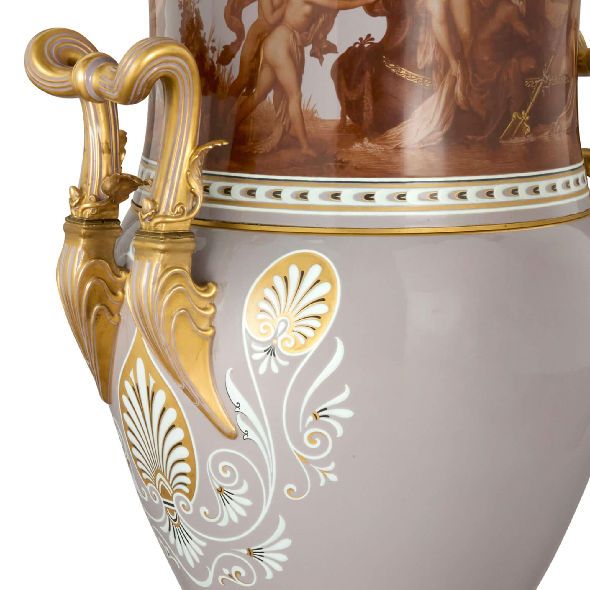 Doré Monumental Antique Sèvres Porcelain Neoclassical Style Vase with Mauve Ground en vente