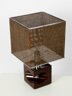 Very Interesting 1960s Italian Ceramic Table Lamp with Large Bast Basket Shade