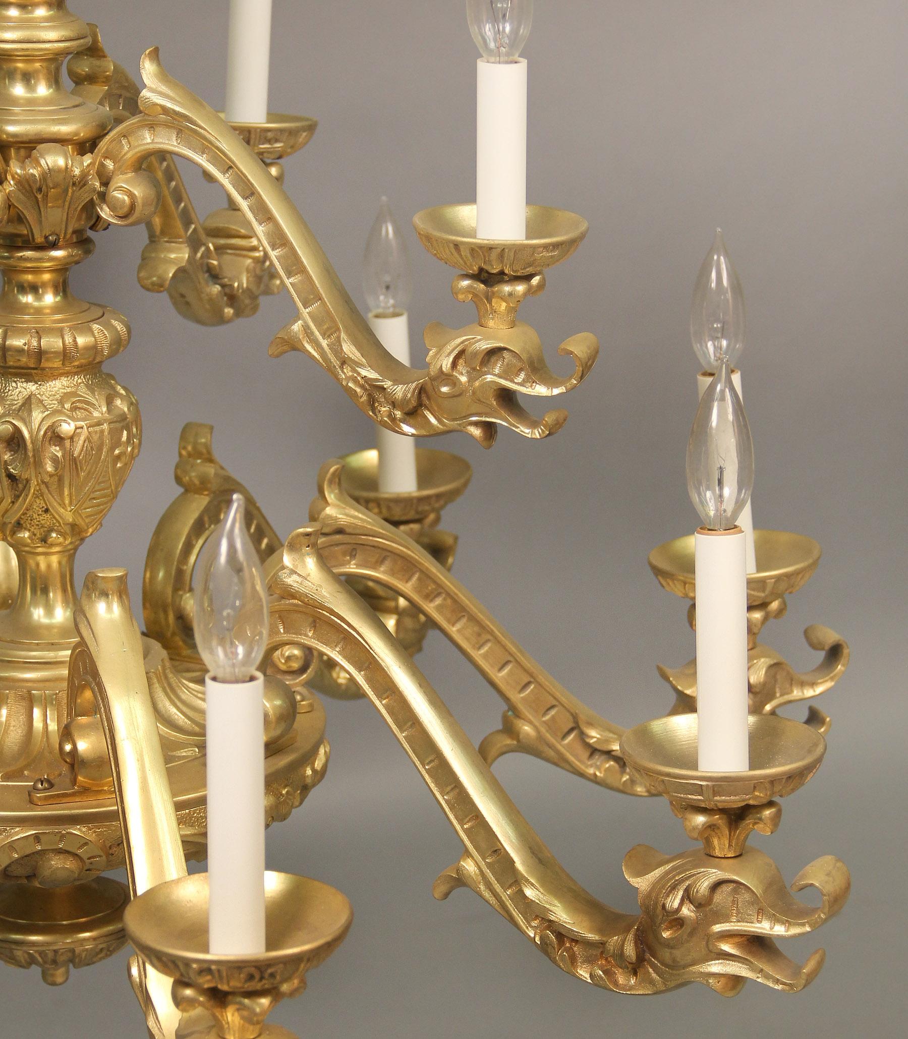 French Very Interesting Late 19th Century Gilt Bronze Twelve Light Chandelier For Sale
