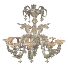 Very Large 12-Light Murano Rezzonico Chandelier, Italy, Murano Glass, 1940s