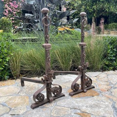 Very Large 18th Century French Hand-Forged Iron Andirons with Scroll Feet
