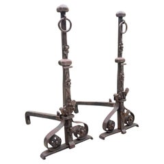 Very Large 18th Century French Hand-Forged Iron Andirons with Scroll Feet