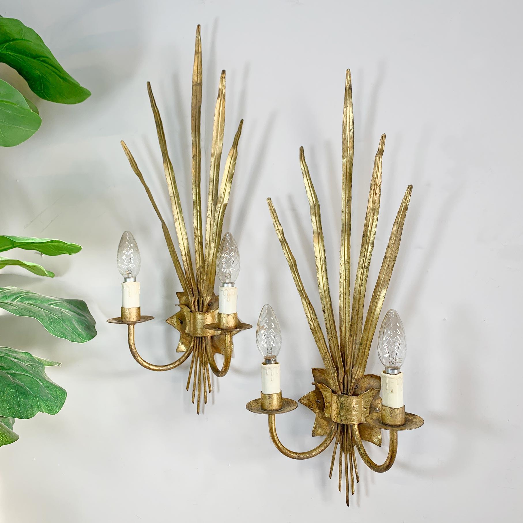 Spanish Pair of Very Large 1950's Gold Reed Leaf Wall Lights by Ferro Art For Sale