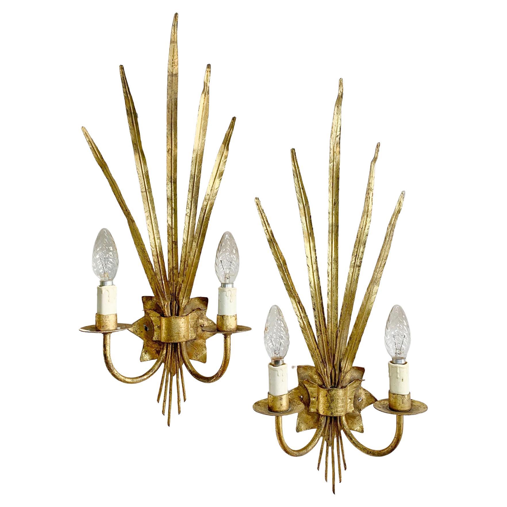 Pair of Very Large 1950's Gold Reed Leaf Wall Lights by Ferro Art For Sale