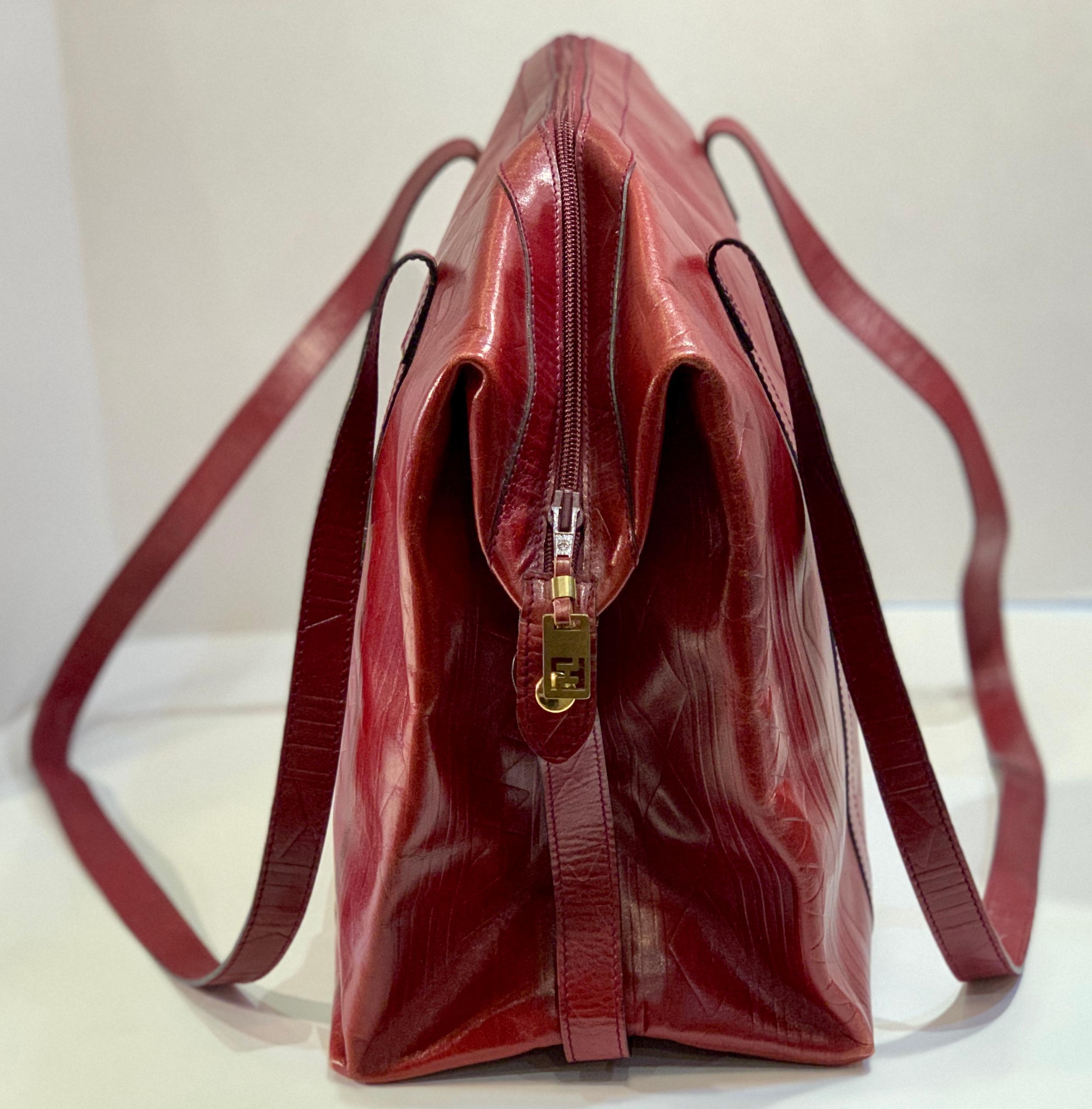 Red Very Large 1980s FENDI S.A.S. Diamond Embossed Burgundy Leather Purse For Sale