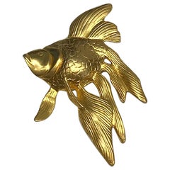 Vintage Very Large 1980s Satin Gold Fish Brooch / Pendant