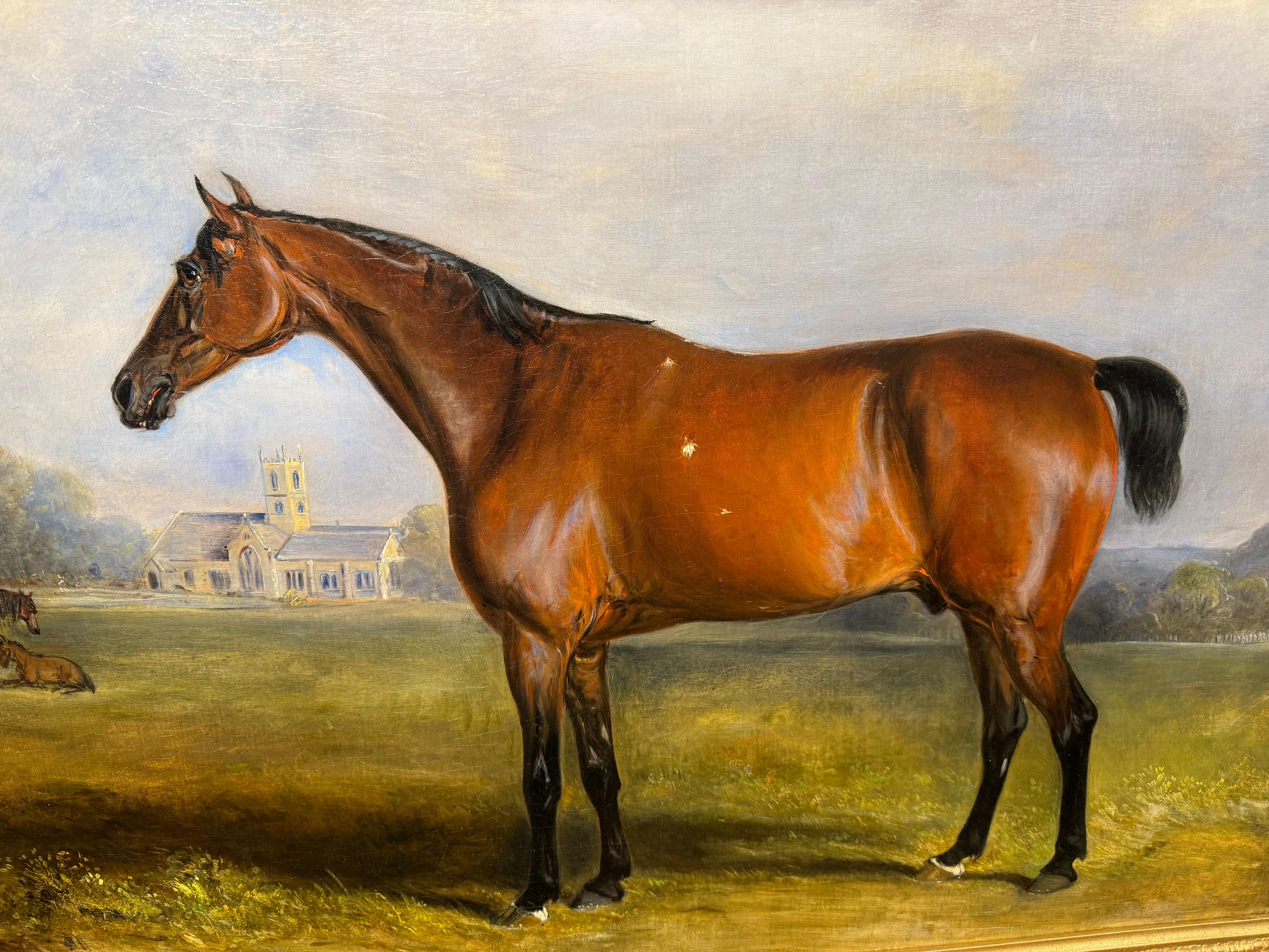 Early Victorian Very Large 19th C  Oil on Canvas 'Bay Horse In A Landscape With A Country House'