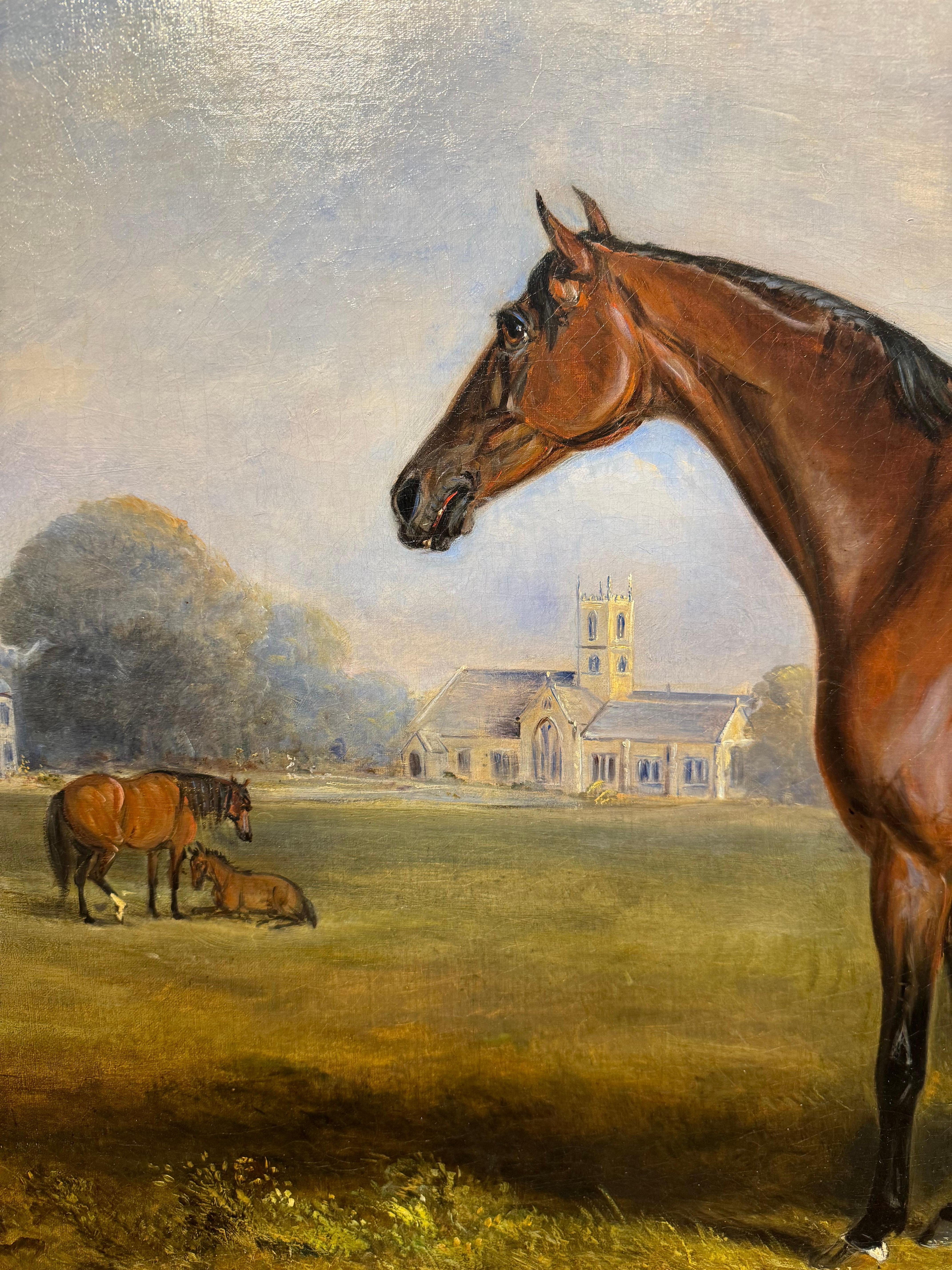 English Very Large 19th C  Oil on Canvas 'Bay Horse In A Landscape With A Country House'