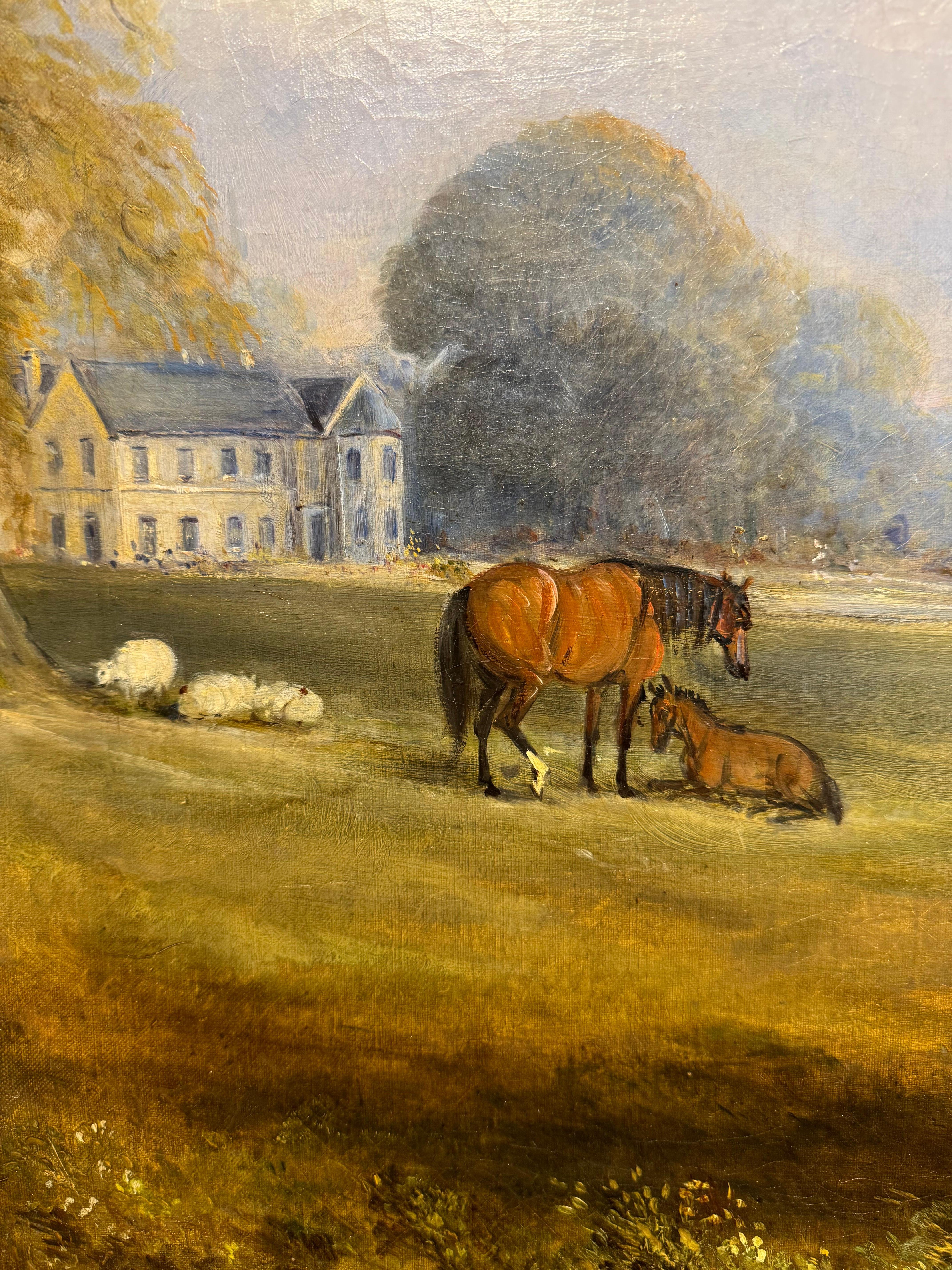 Very Large 19th C  Oil on Canvas 'Bay Horse In A Landscape With A Country House' In Good Condition In Bournemouth, GB
