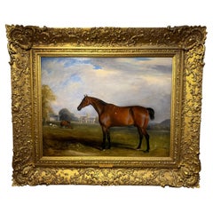 Très grand A.I.C.  Huile sur toile "Cheval bai dans un paysage avec une maison de campagne".