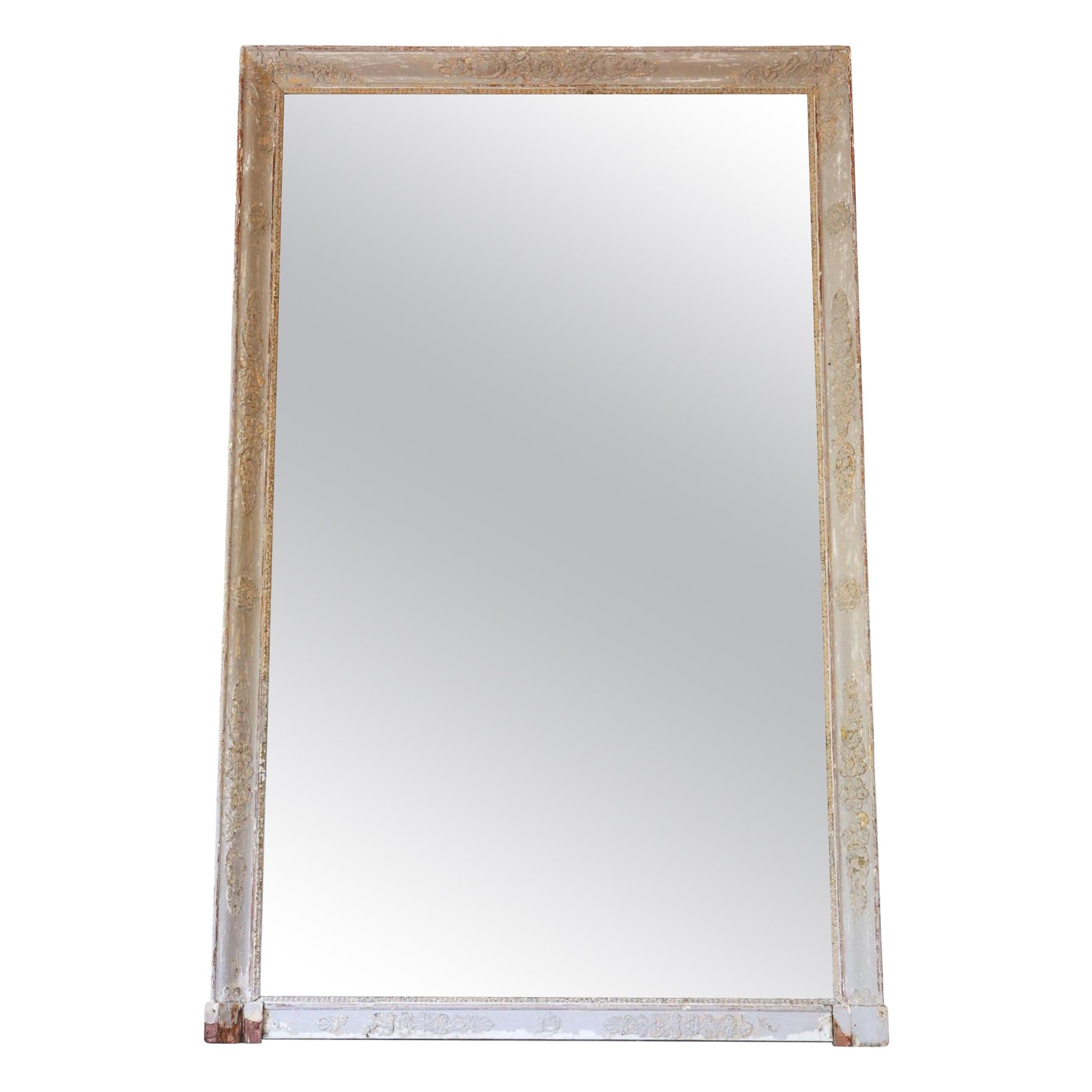 Very Large 19th Century Antique Overmantle Wall Mirror – Worn Painted Frame