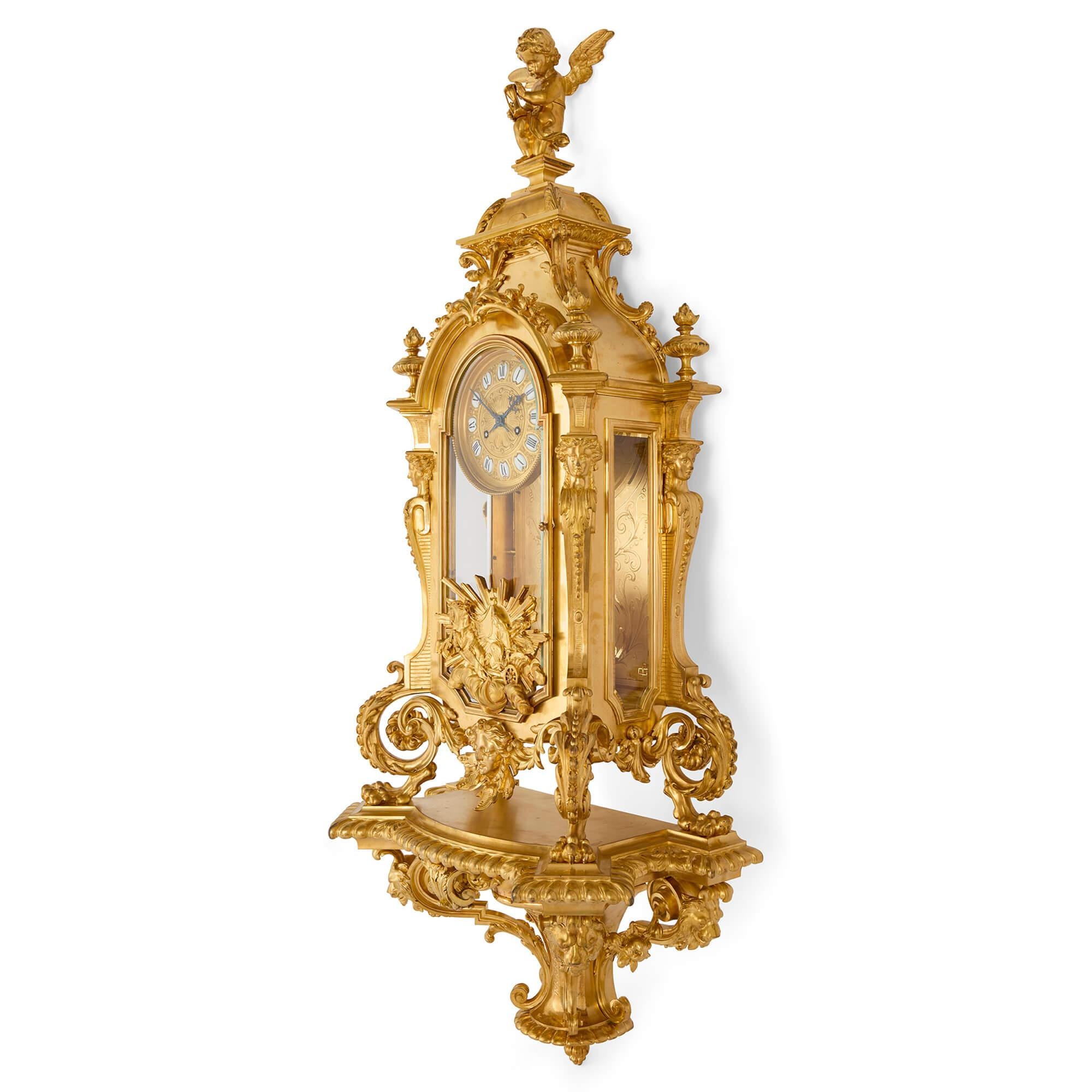 Reloj de cartel francés muy grande del siglo XIX de Paillard
Francés, c. 1870
Altura 140 cm, anchura 59 cm, profundidad 34 cm

Este magnífico reloj de cartel de bronce dorado es un magnífico ejemplo del arte decorativo francés del siglo XIX, que