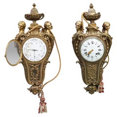 Very Large 19th Century French Ormolu Bronze Wall Clock and Barometer