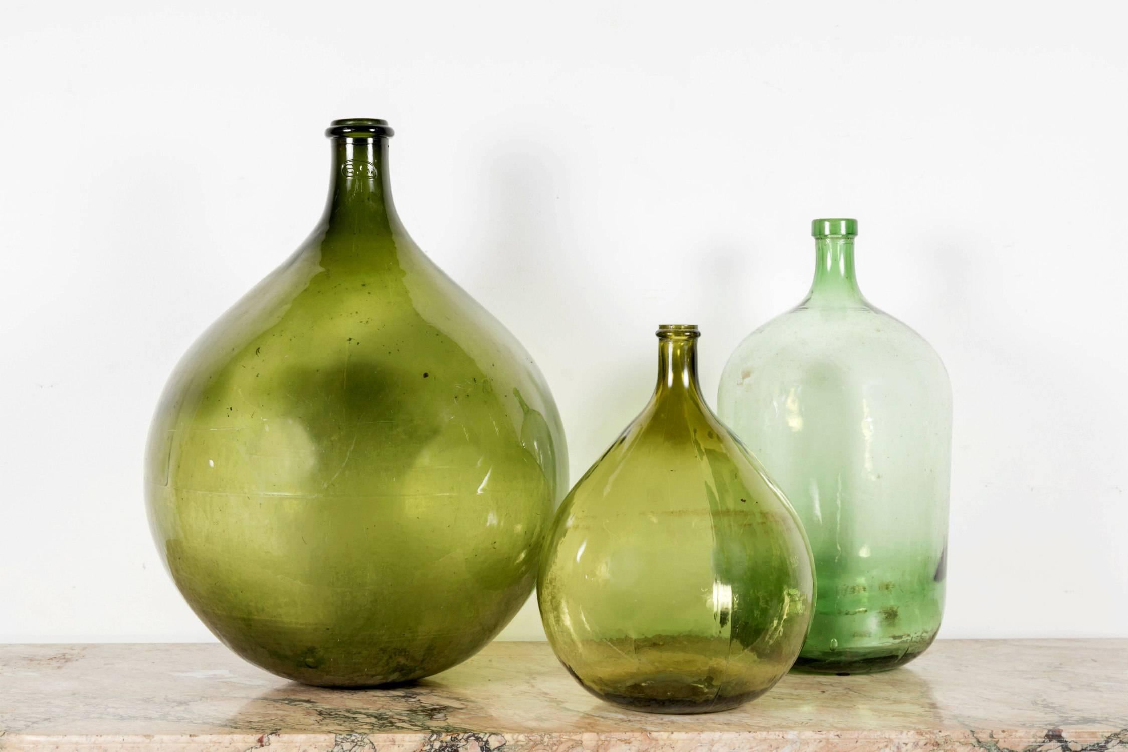 Very Large 19th Century Handblown Green Glass French Demijohn Bottle In Excellent Condition In Birmingham, AL