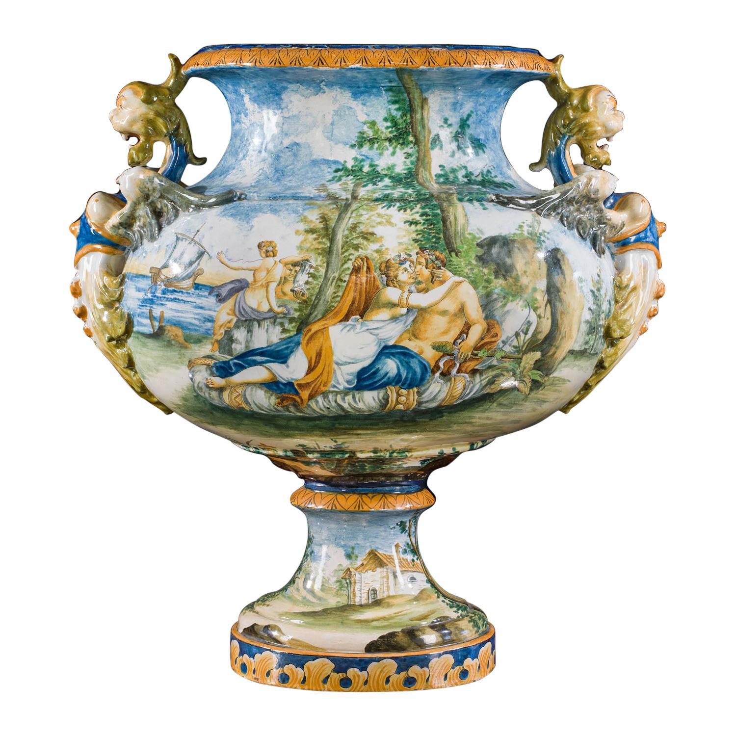 Große italienische Maiolica-Vase, handbemalt, 19. Jahrhundert