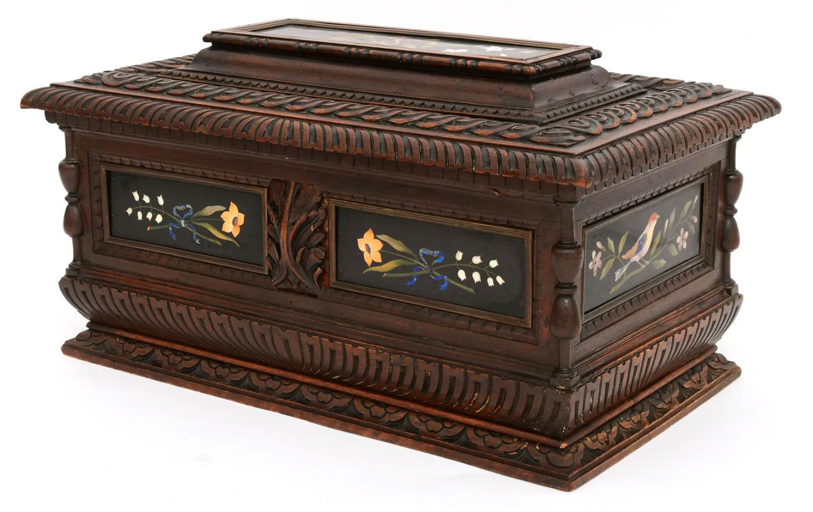 Very large and impressive 19th century Italian Walnut Chest with Pietra Dura Plaques.
The plaques are possibly earlier than the box.
