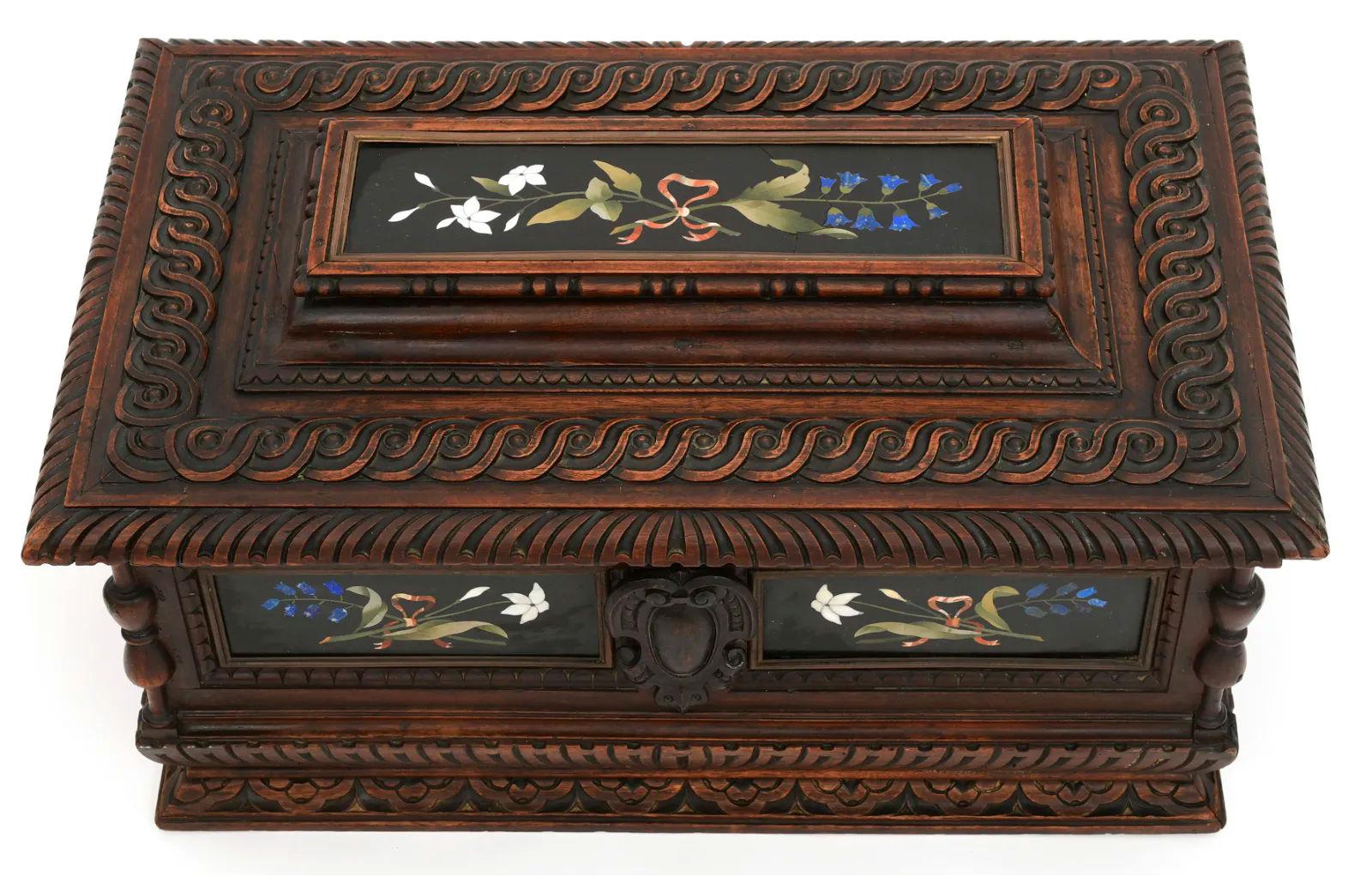 Very Large 19th Century Italian Walnut Chest with Pietra Dura Plaques For Sale 1