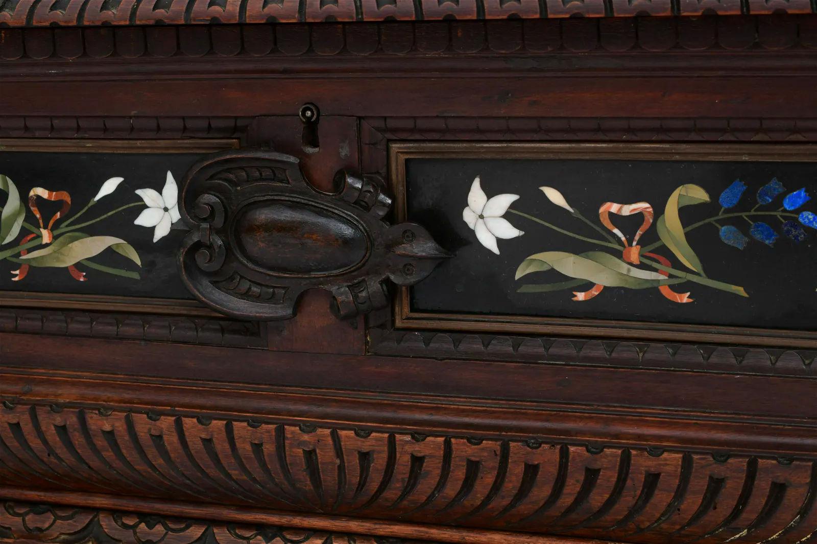 Very Large 19th Century Italian Walnut Chest with Pietra Dura Plaques For Sale 3