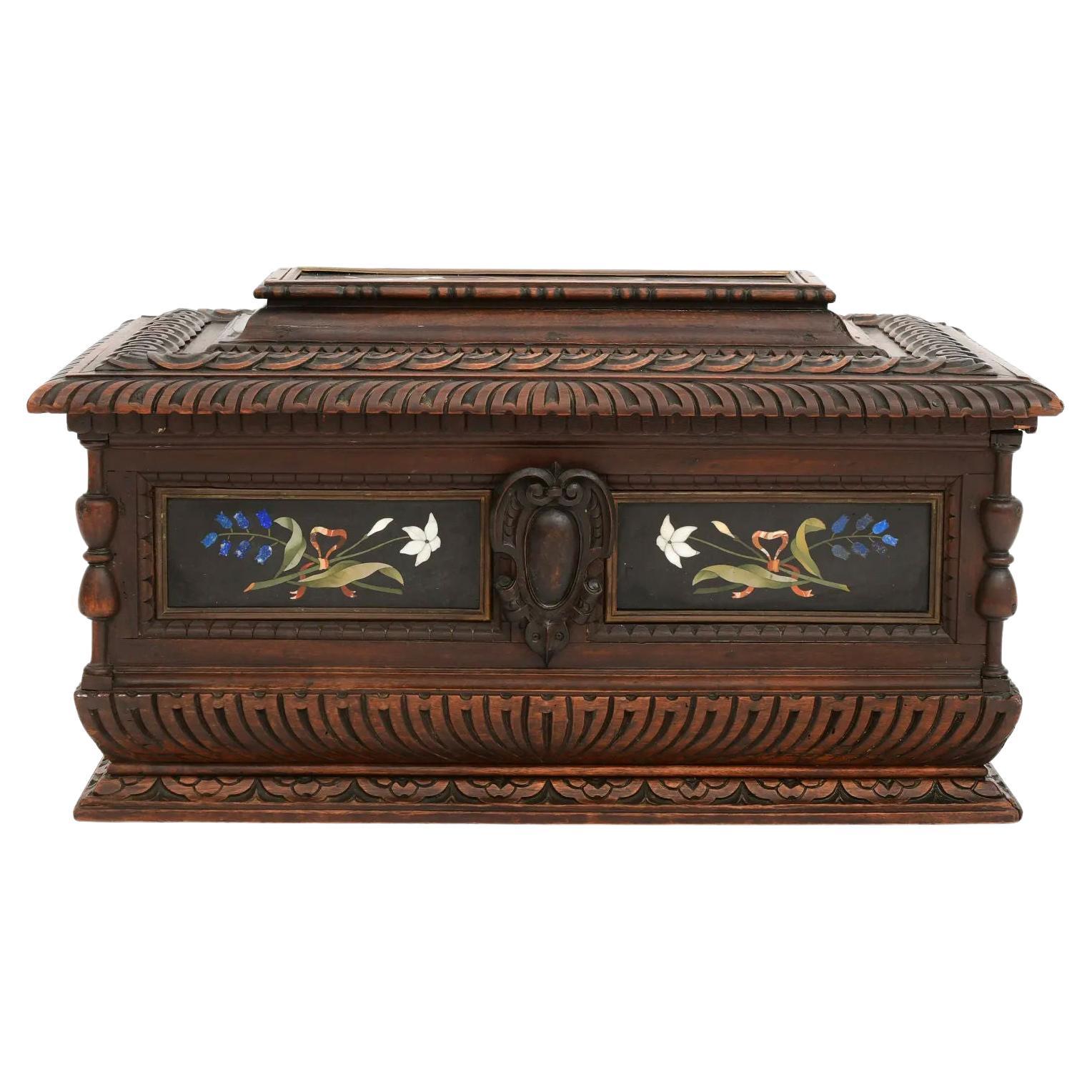 Very Large 19th Century Italian Walnut Chest with Pietra Dura Plaques For Sale