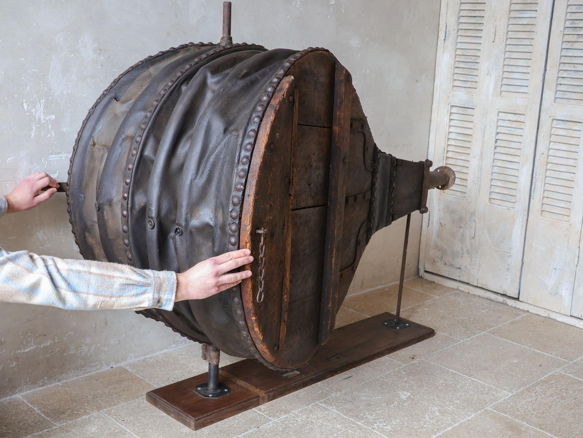 Very Large 19th Century Leather, Wrought Iron and Pine Blacksmith Bellows For Sale 1