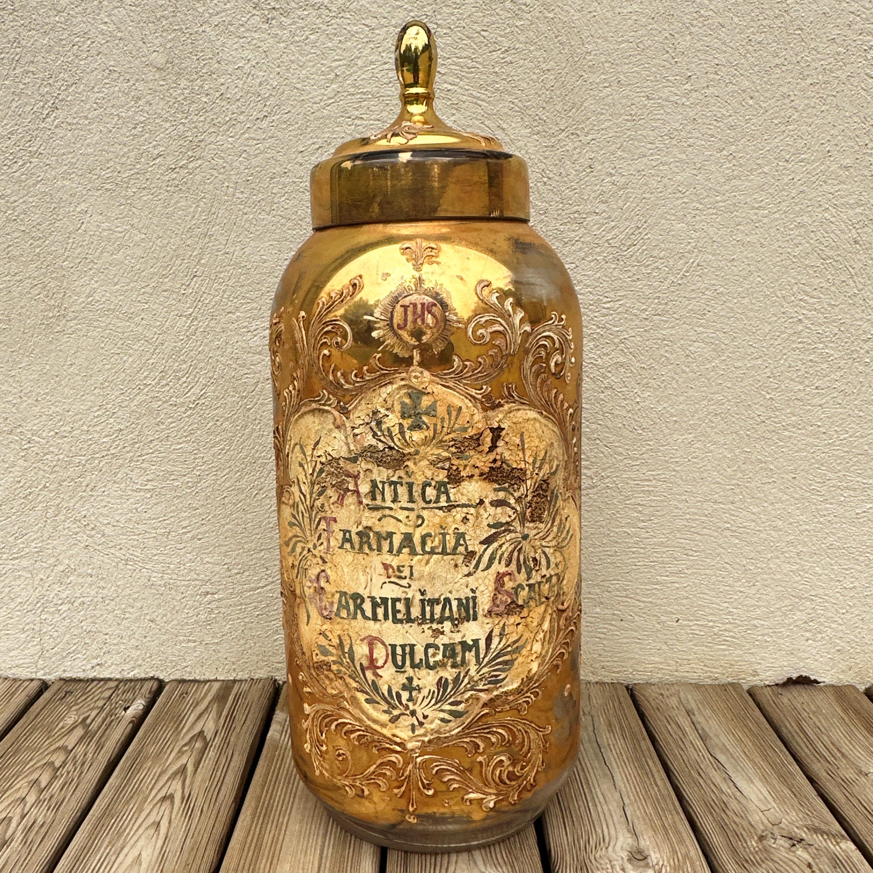Very Large 19th Century Murano Glass Gold Italian Apothecary Jar 24 Inches For Sale 4