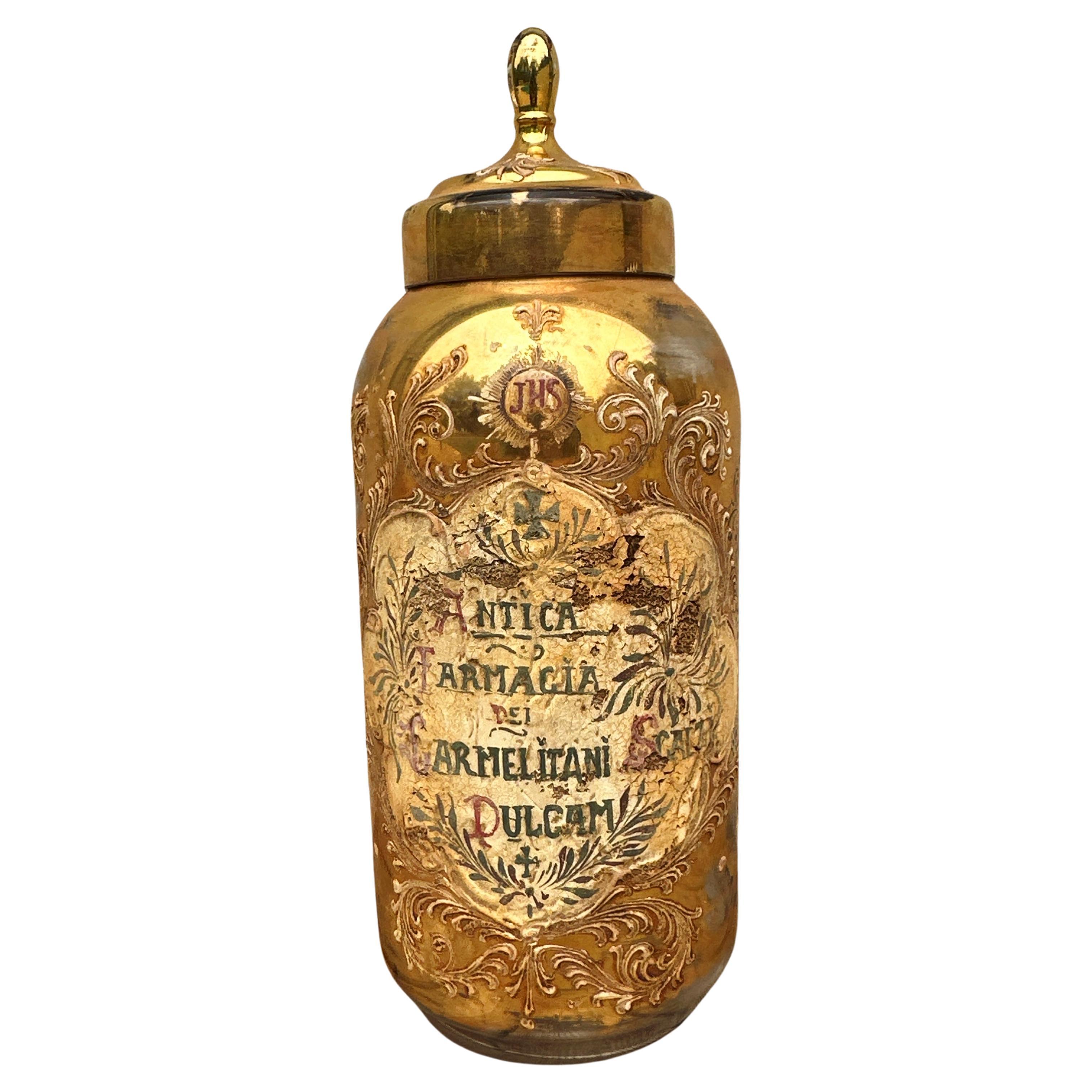 Very Large 19th Century Murano Glass Gold Italian Apothecary Jar 24 Inches For Sale