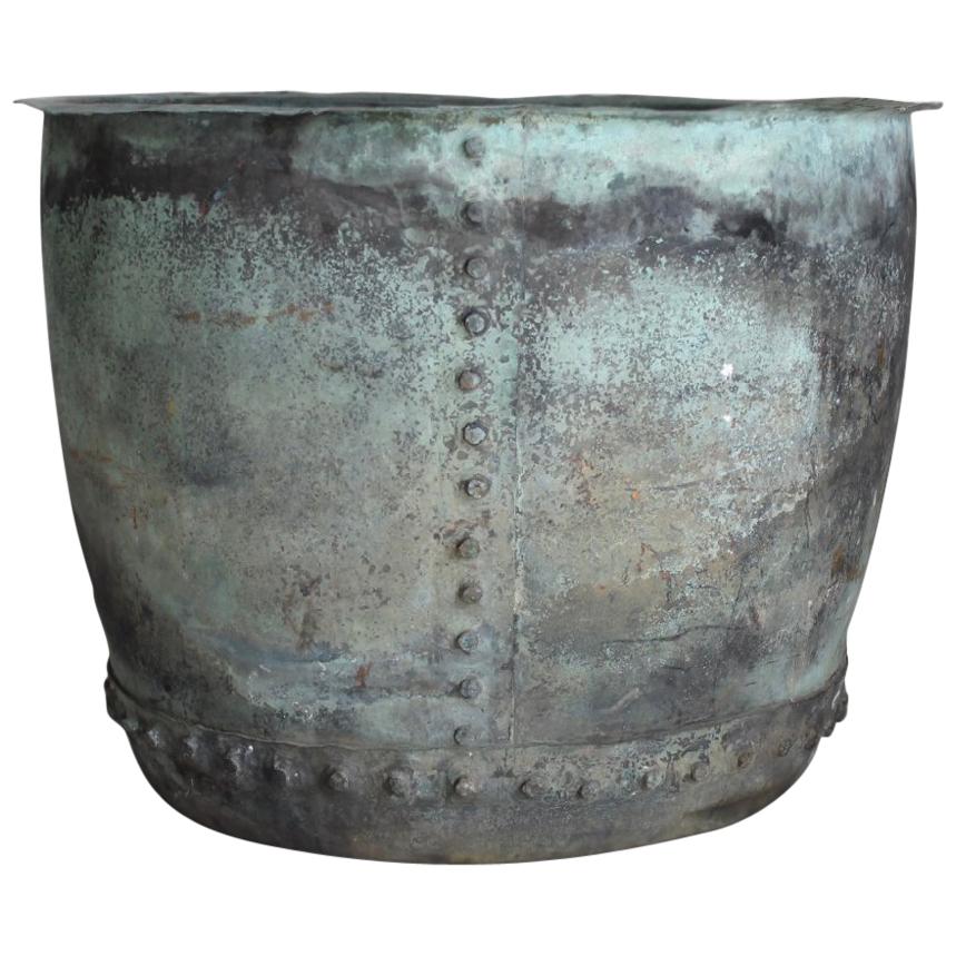 Very Large 19th Century Naturally Verdigris Riveted Copper Planter or Log Bin