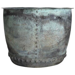 Antique Very Large 19th Century Naturally Verdigris Riveted Copper Planter or Log Bin