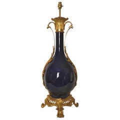 Very Large 19th Century Royal Blue French Porcelain Lamp, Gilt Bronze Handles
