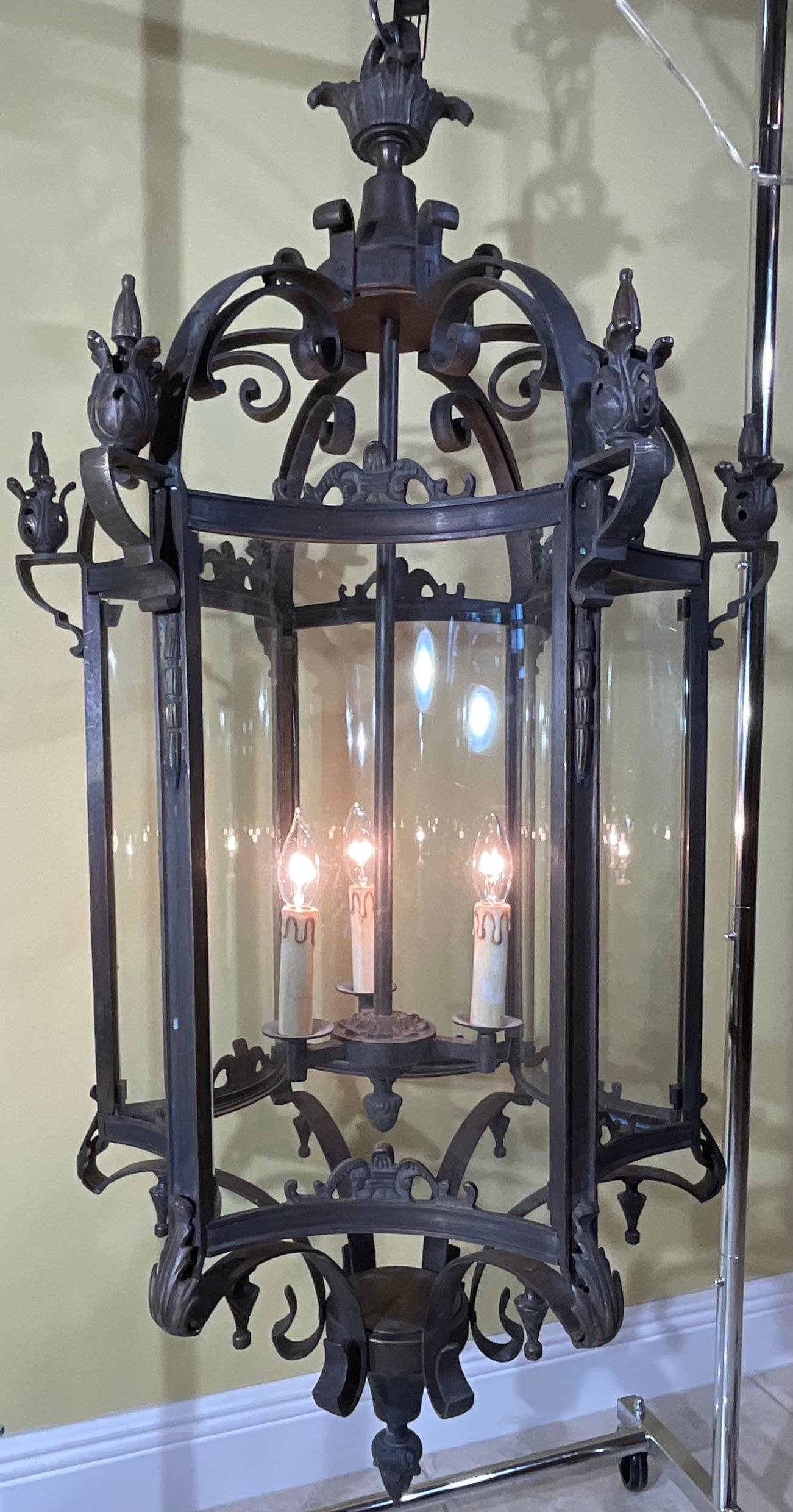 Very Large 20th Century Bronze Chandelier Lantern In Good Condition For Sale In Delray Beach, FL