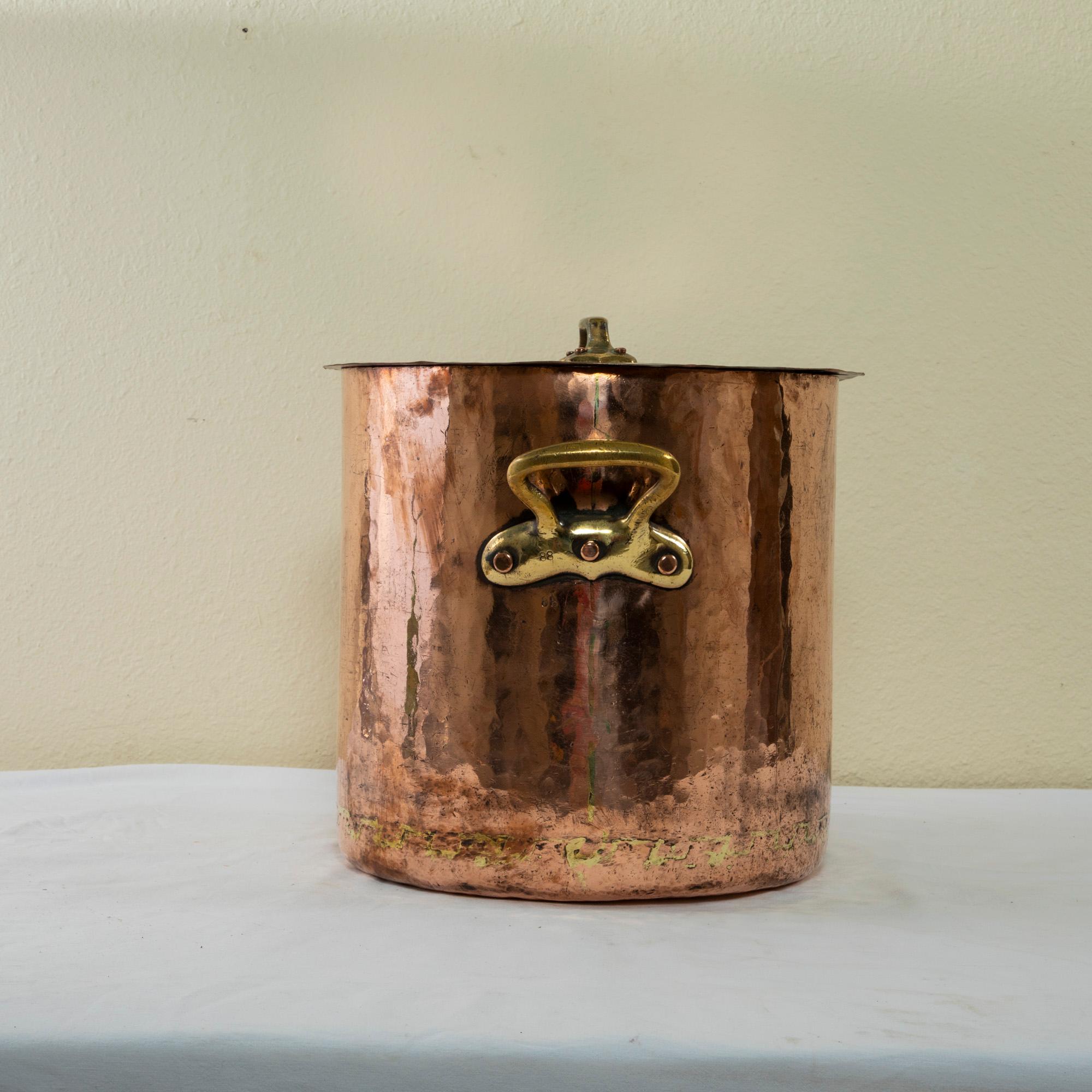 Very Large 20th Century French Hand-Hammered Copper Stock Pot with Lid In Good Condition In Fayetteville, AR