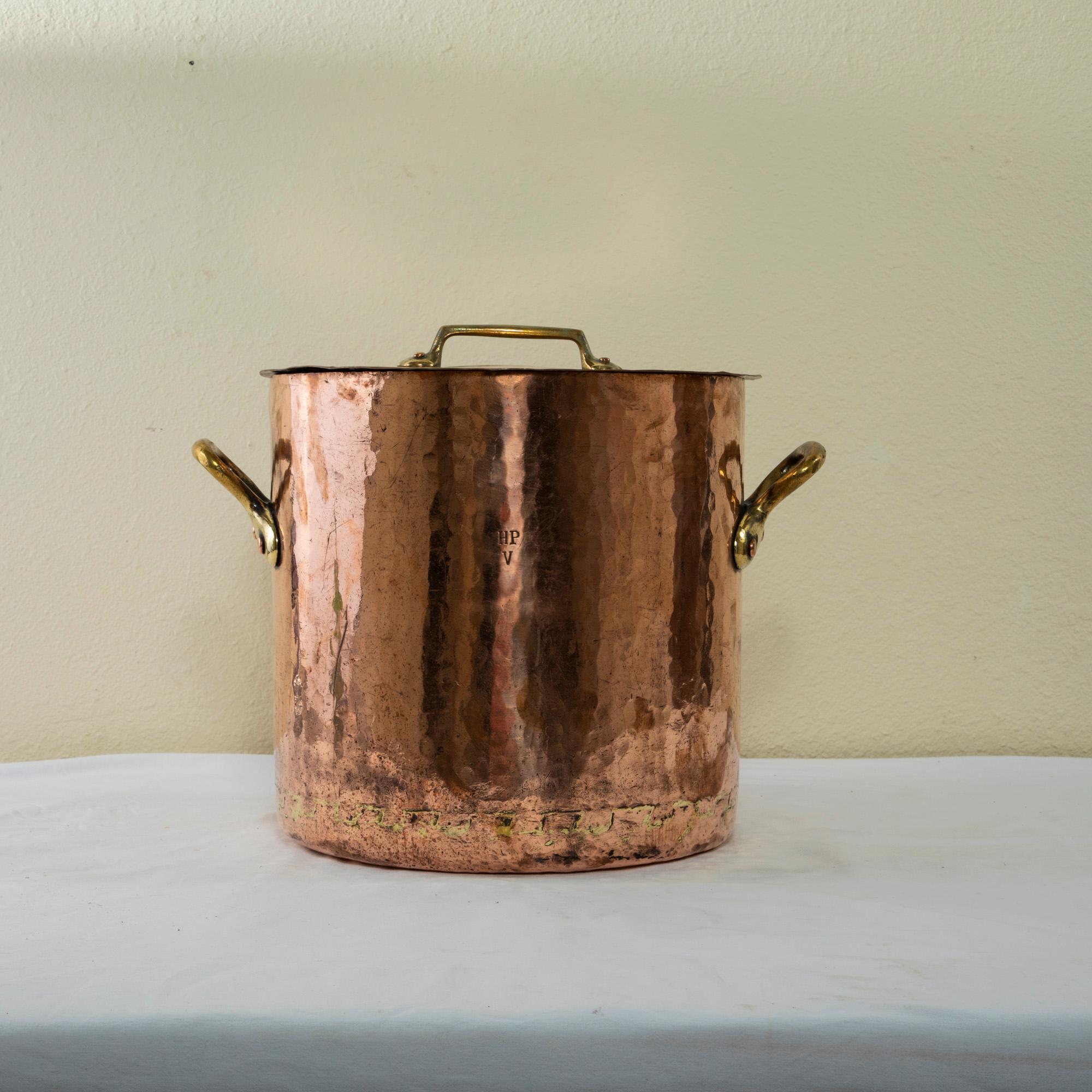 Brass Very Large 20th Century French Hand-Hammered Copper Stock Pot with Lid