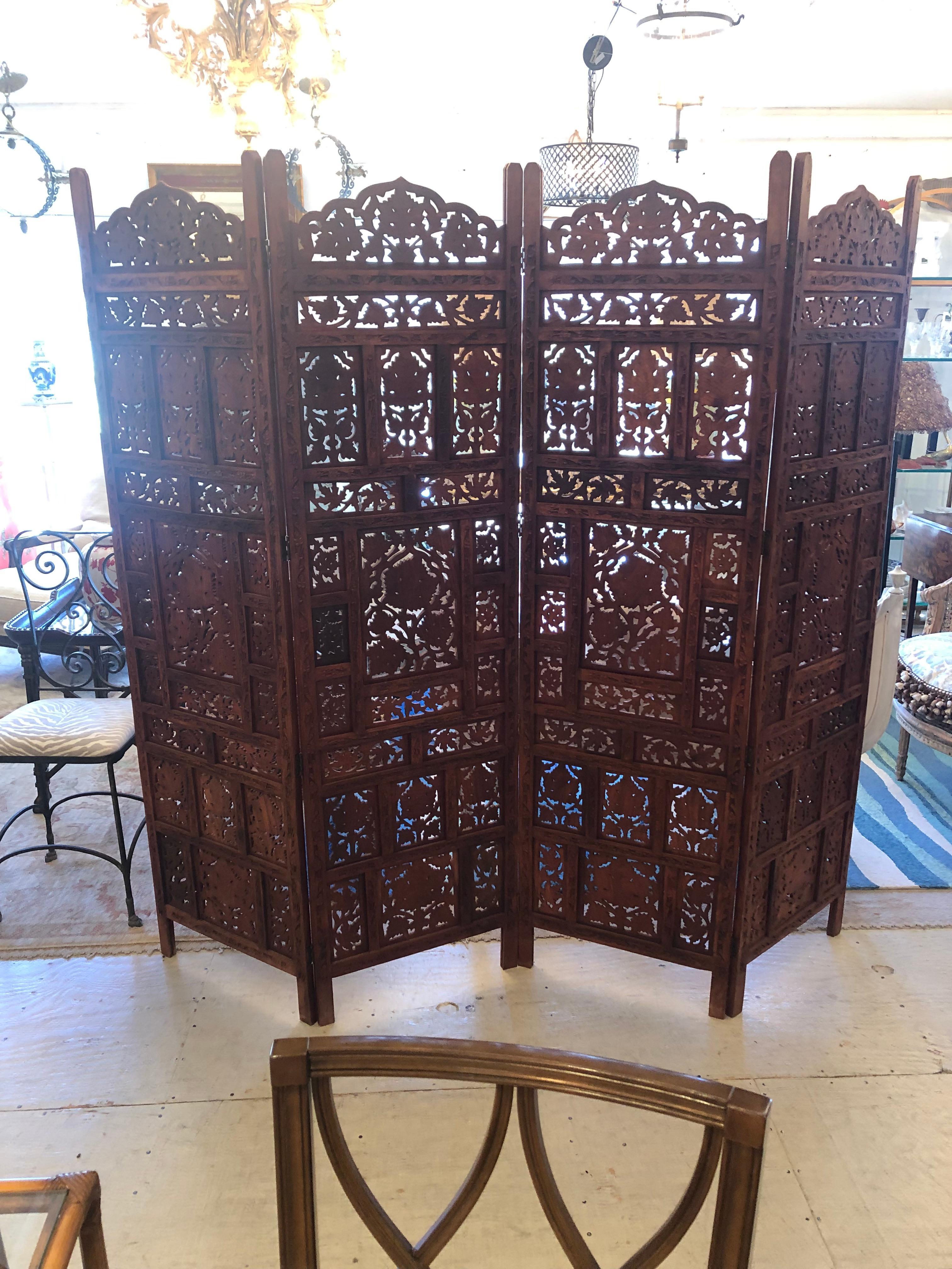 Very Large 4 Panel Anglo Indian Carved Teak Screen Room Divider For ...