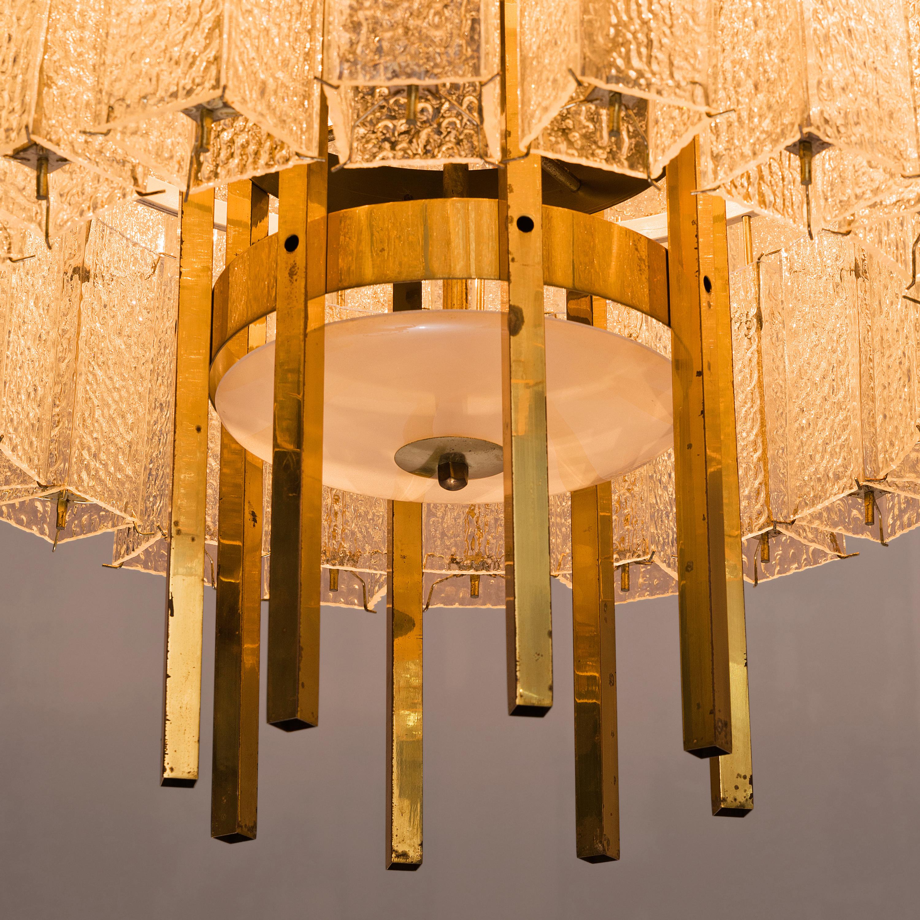 Mid-Century Modern Very Large Chandelier in Brass and Structured Glass Elements