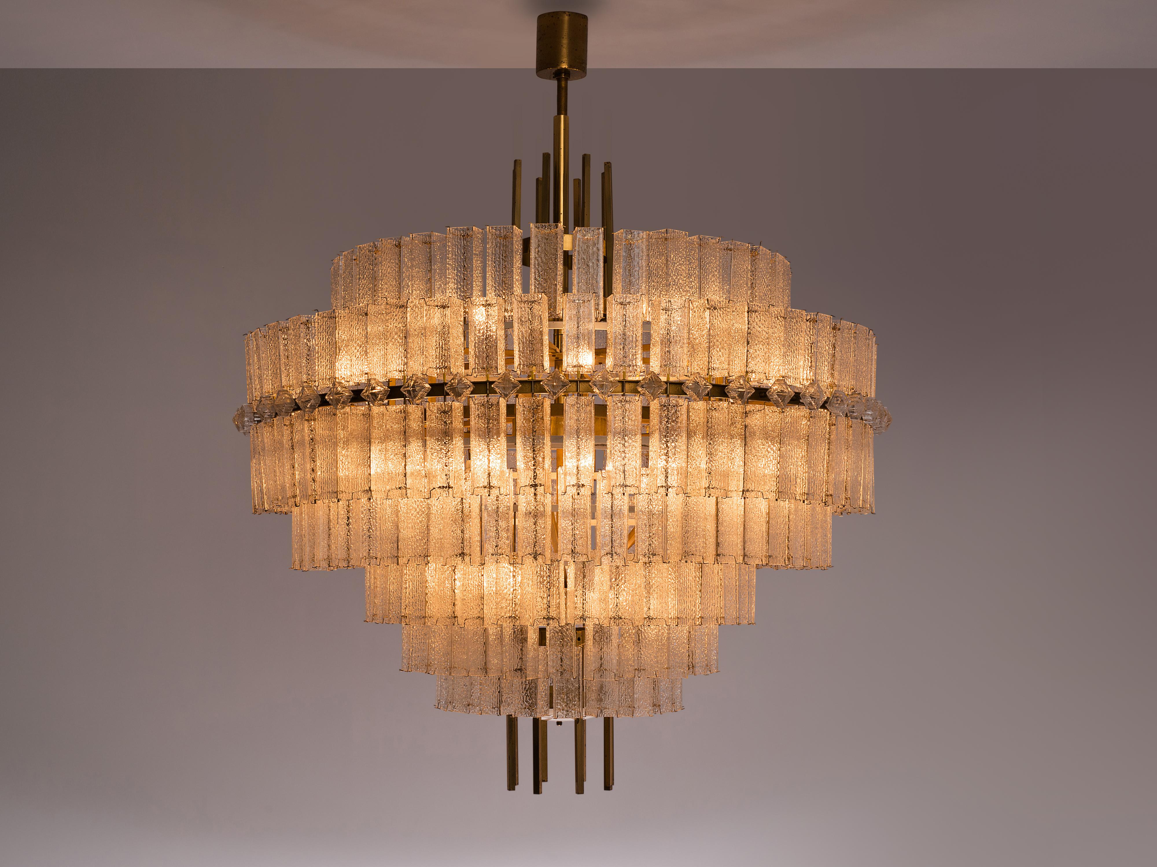 European Very Large Chandelier in Brass and Structured Glass Elements