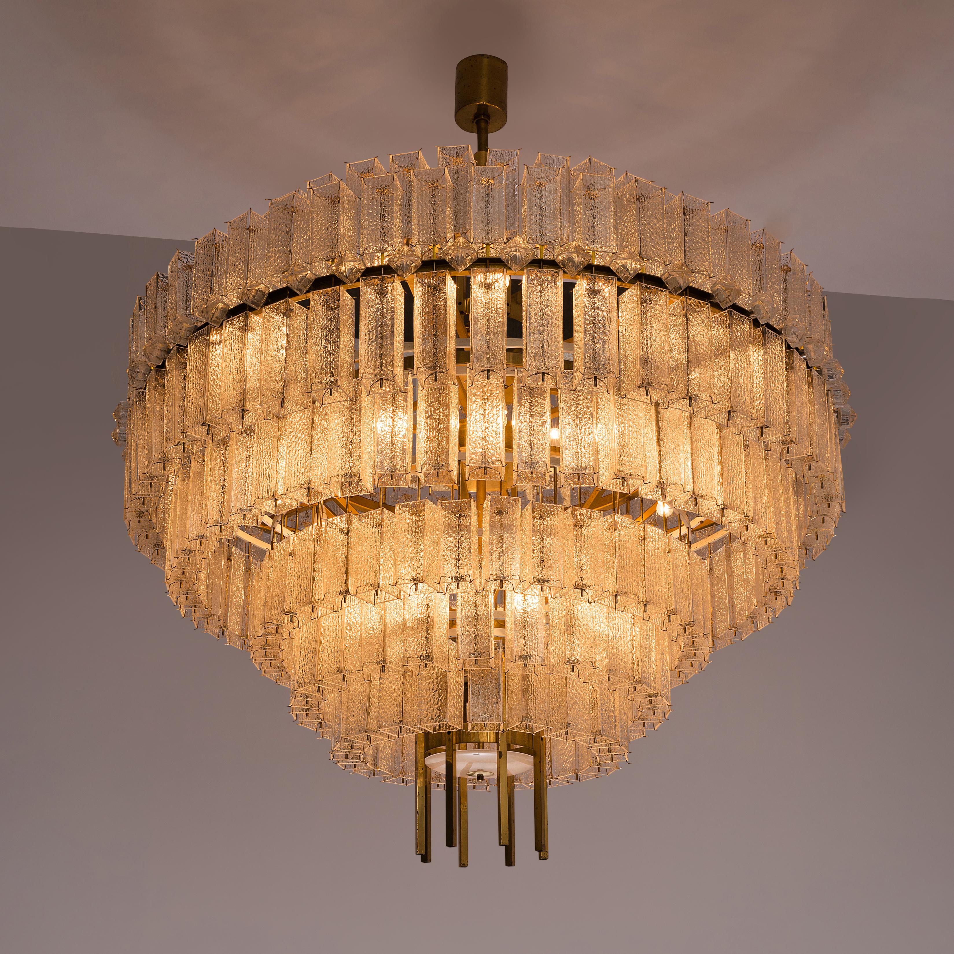 Very Large Chandelier in Brass and Structured Glass Elements 1