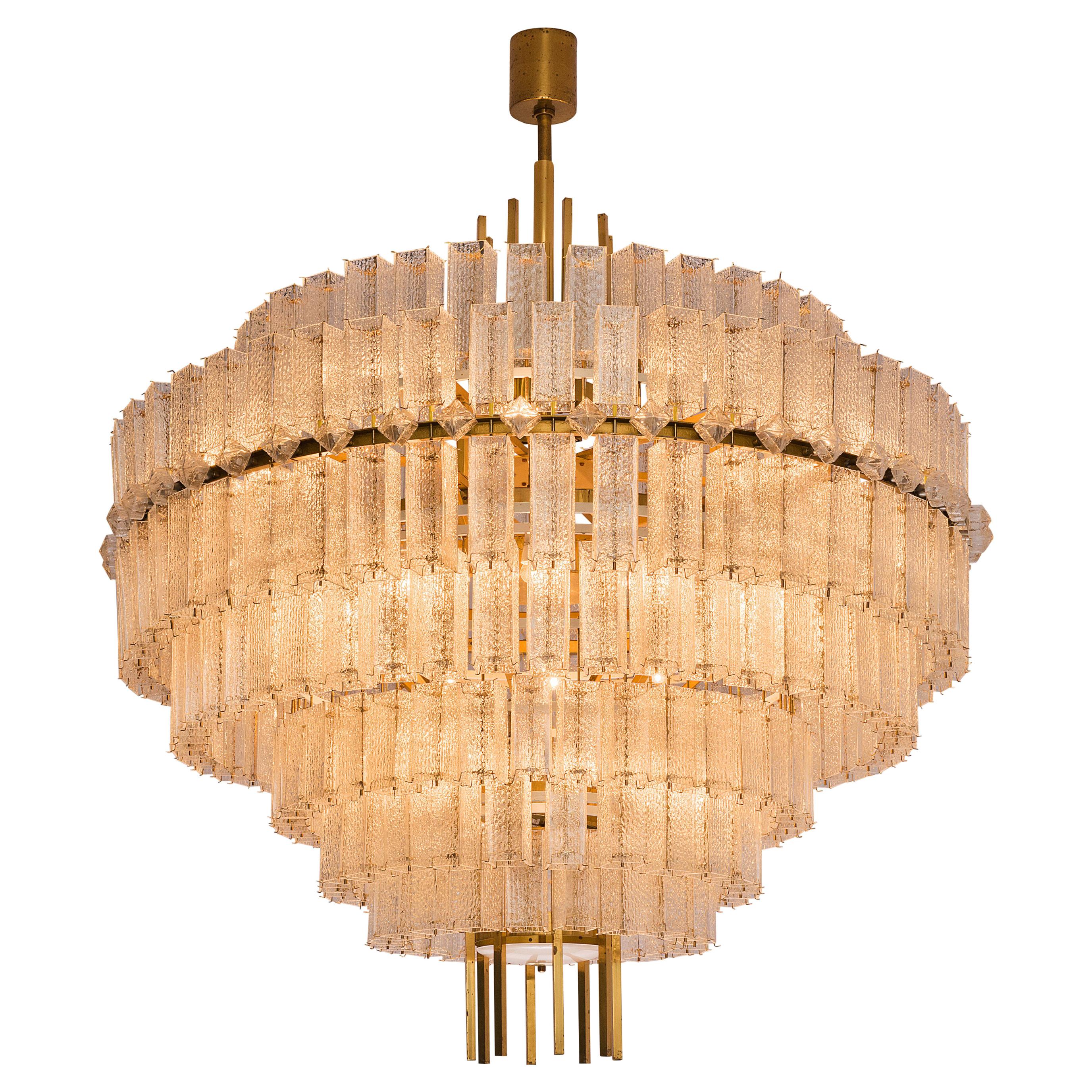 Very Large Chandelier in Brass and Structured Glass Elements