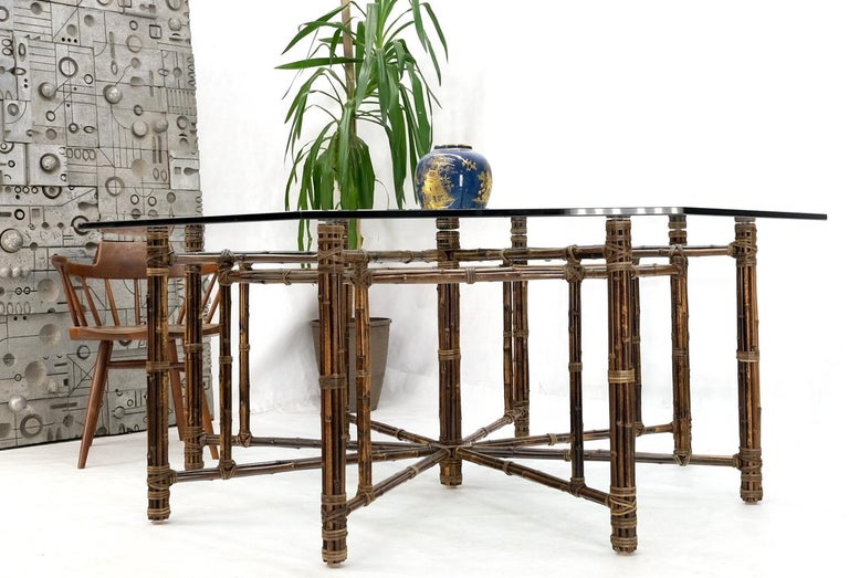 Very Large Octagonal Glass Top Leather Strapped Bamboo McGuire Dining Table For Sale 3