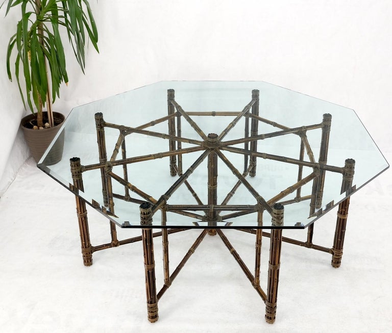 Very Large Octagonal Glass Top Leather Strapped Bamboo McGuire Dining Table For Sale 4