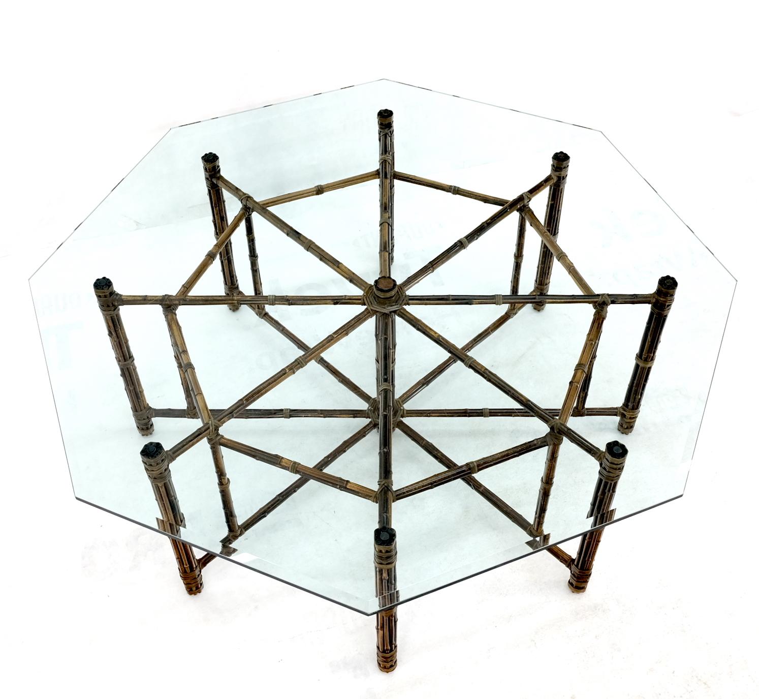 Very Large Octagonal Glass Top Leather Strapped Bamboo McGuire Dining Table In Good Condition For Sale In Rockaway, NJ